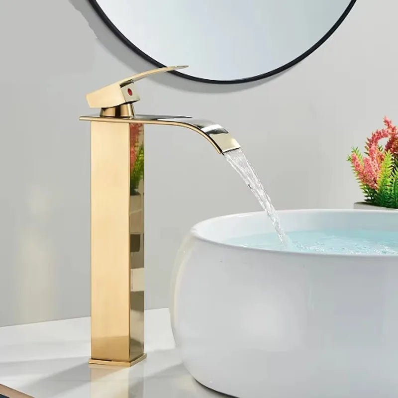 Brushed Gold Waterfall Bathroom Faucet - Single Lever Deck-Mount Basin Mixer, Single Hole, Stainless Steel Ceramic Valve - Overture Gifts