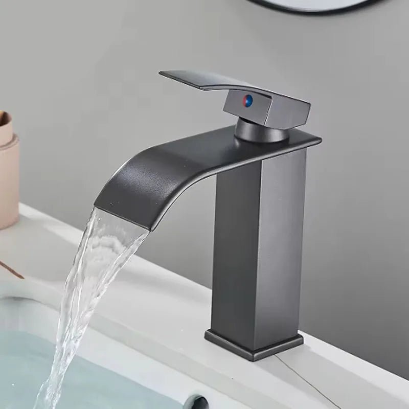 Brushed Gold Waterfall Bathroom Faucet - Single Lever Deck-Mount Basin Mixer, Single Hole, Stainless Steel Ceramic Valve - Overture Gifts