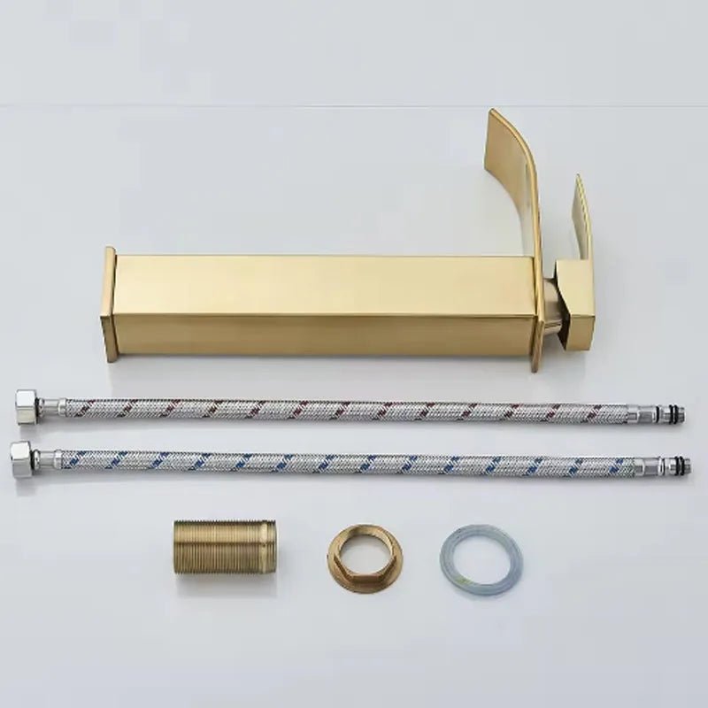 Brushed Gold Waterfall Bathroom Faucet - Single Lever Deck-Mount Basin Mixer, Single Hole, Stainless Steel Ceramic Valve - Overture Gifts
