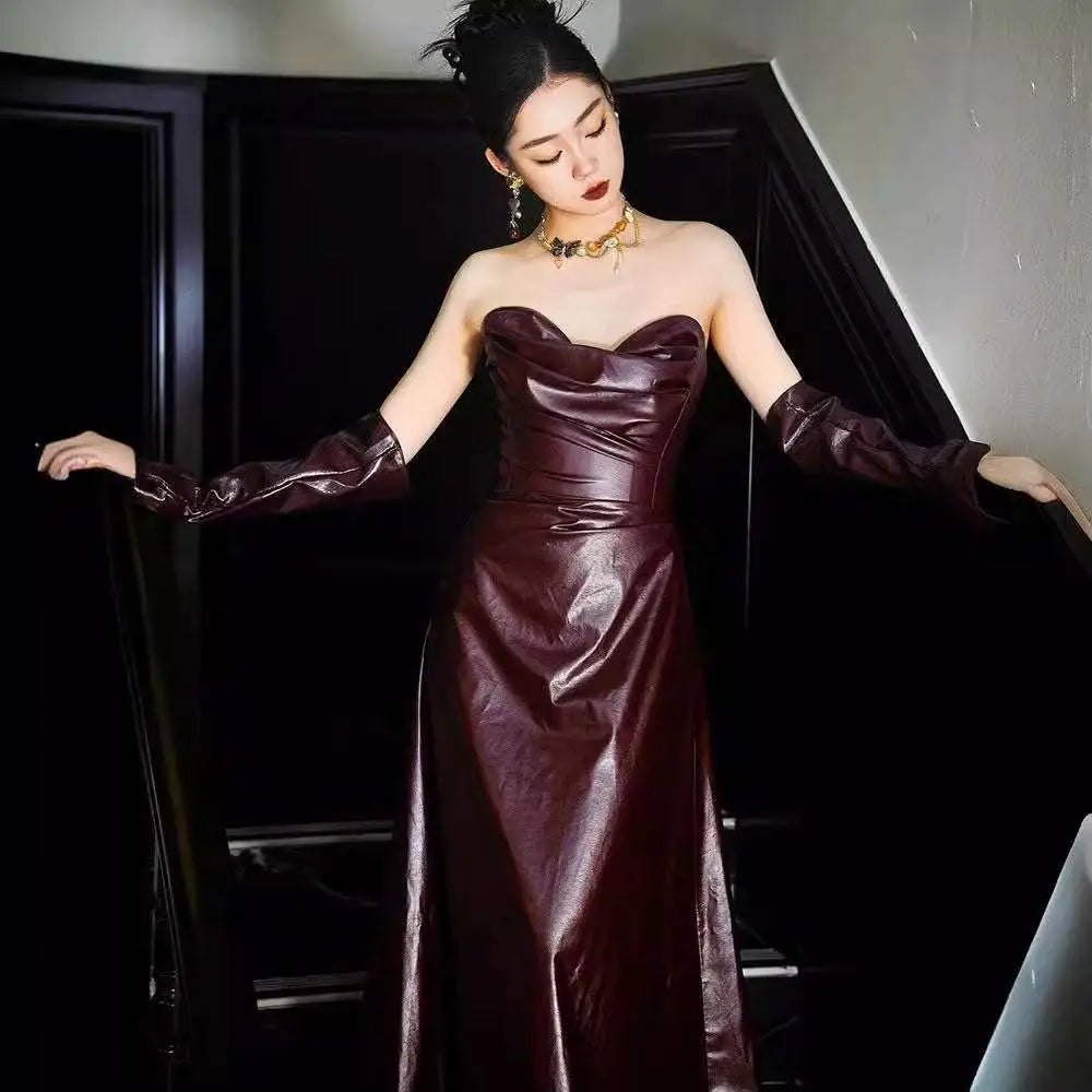 Burgundy Leather Skirt Evening Gown with Sleeves