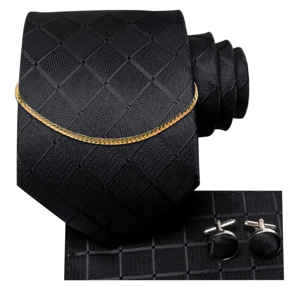 Black Silk Necktie Set Timeless Pocket Square Cufflinks
