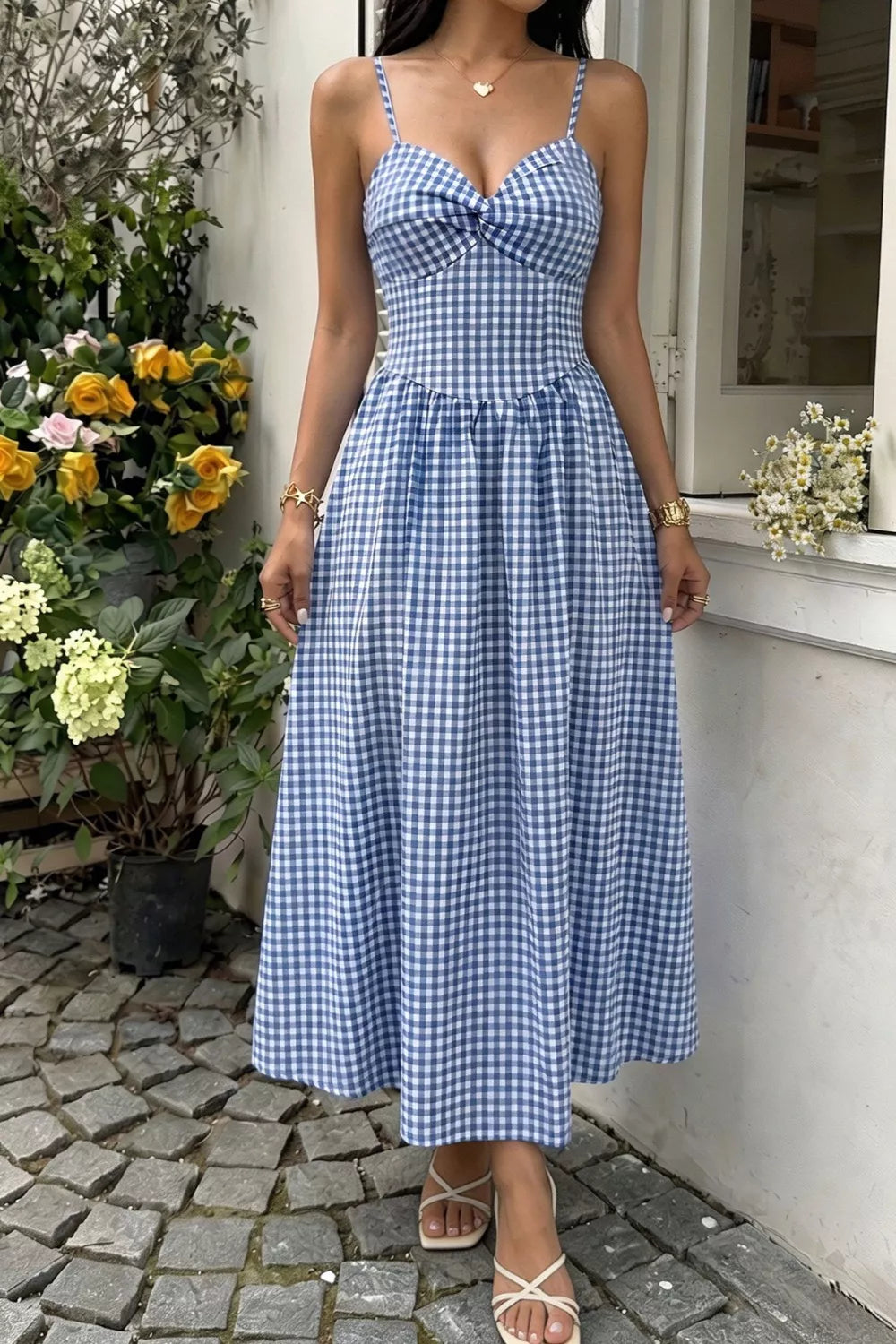 Gingham Knot Front Cami Midi Dress