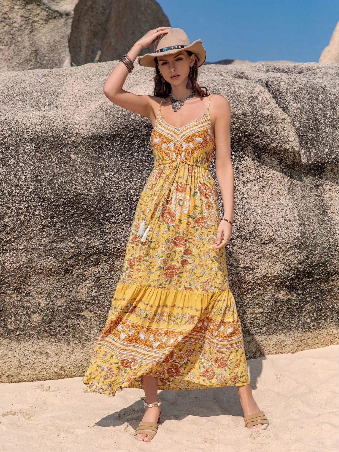 Tassel Printed Tiered Cami Dress