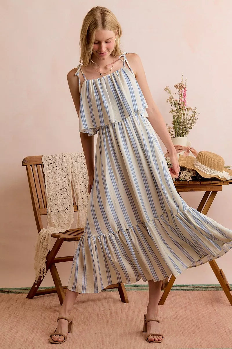 SO ME Stripe Tiered Shoulder Tie Midi Lined Dress