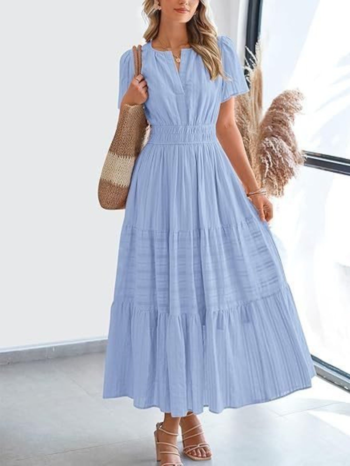Notched Short Sleeve Tiered Dress
