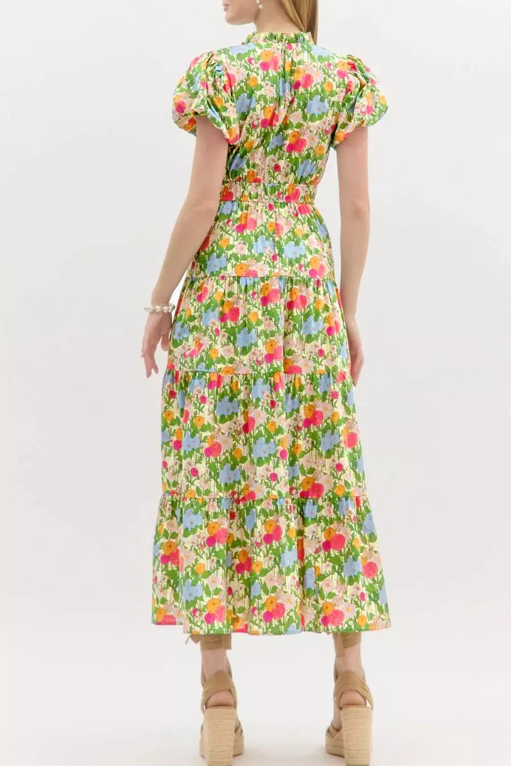 Floral Print V Neck Short Puff Sleeve Cotton Maxi Dress
