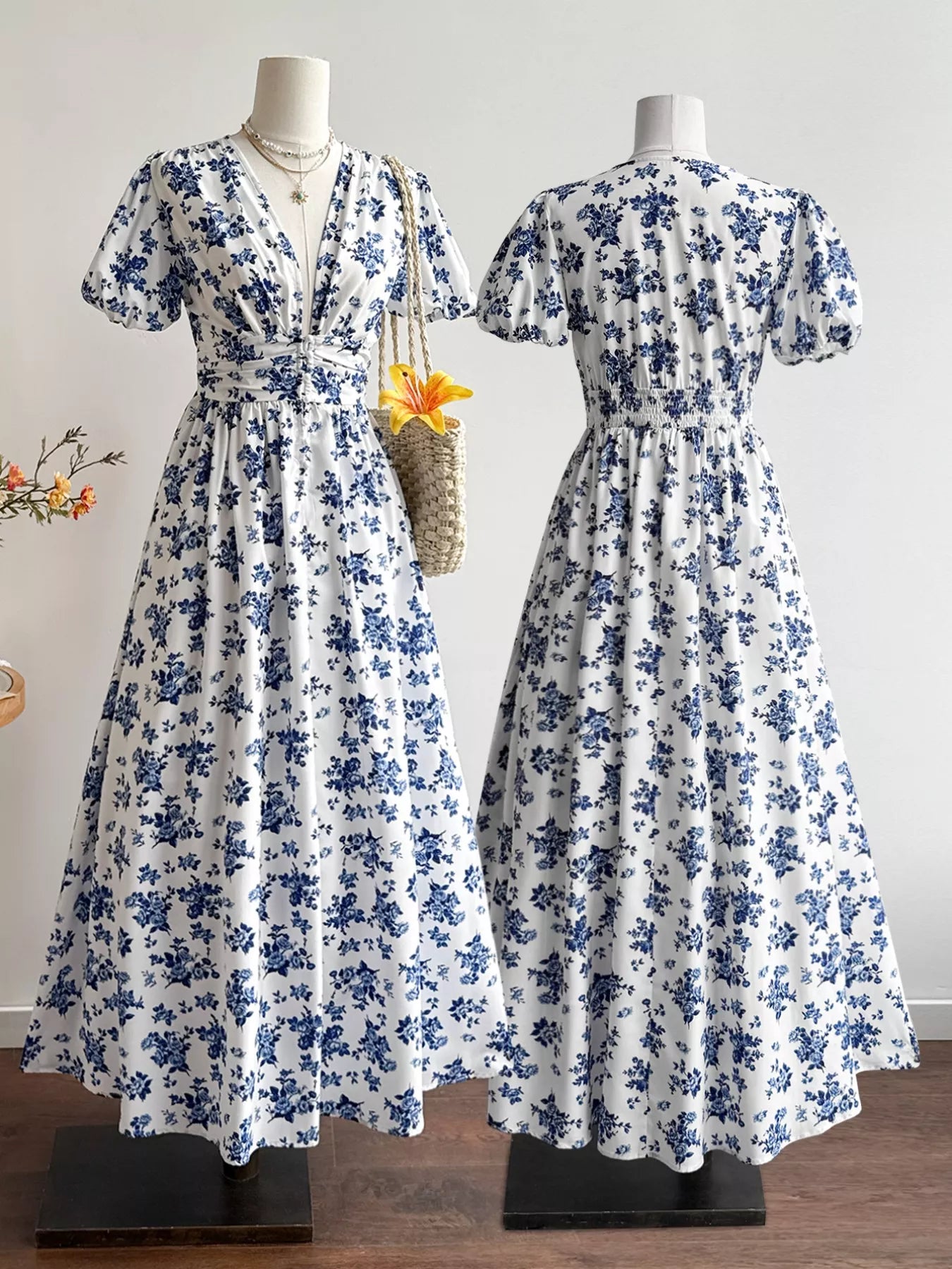 Floral Print V-Neck Puff Sleeve Dress