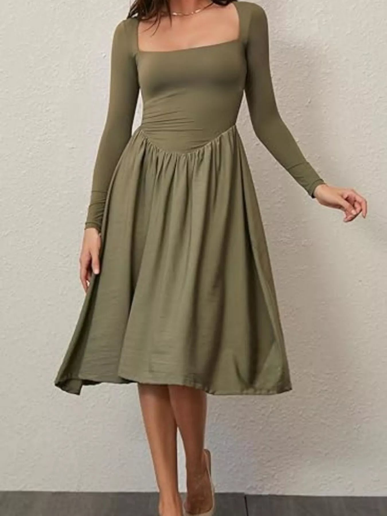 Square Neck Long Sleeve Midi Dress