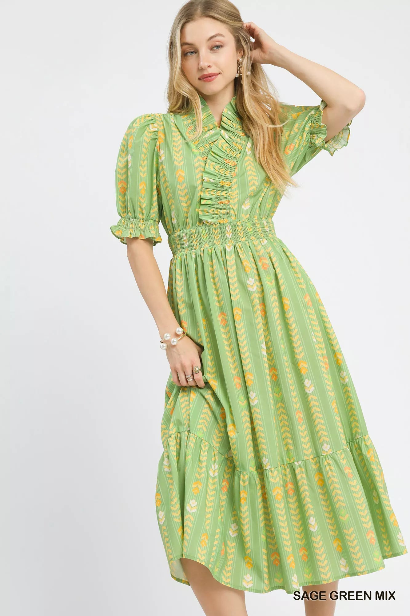 Umgee Vibrant Ruffle Smocked Midi Dress