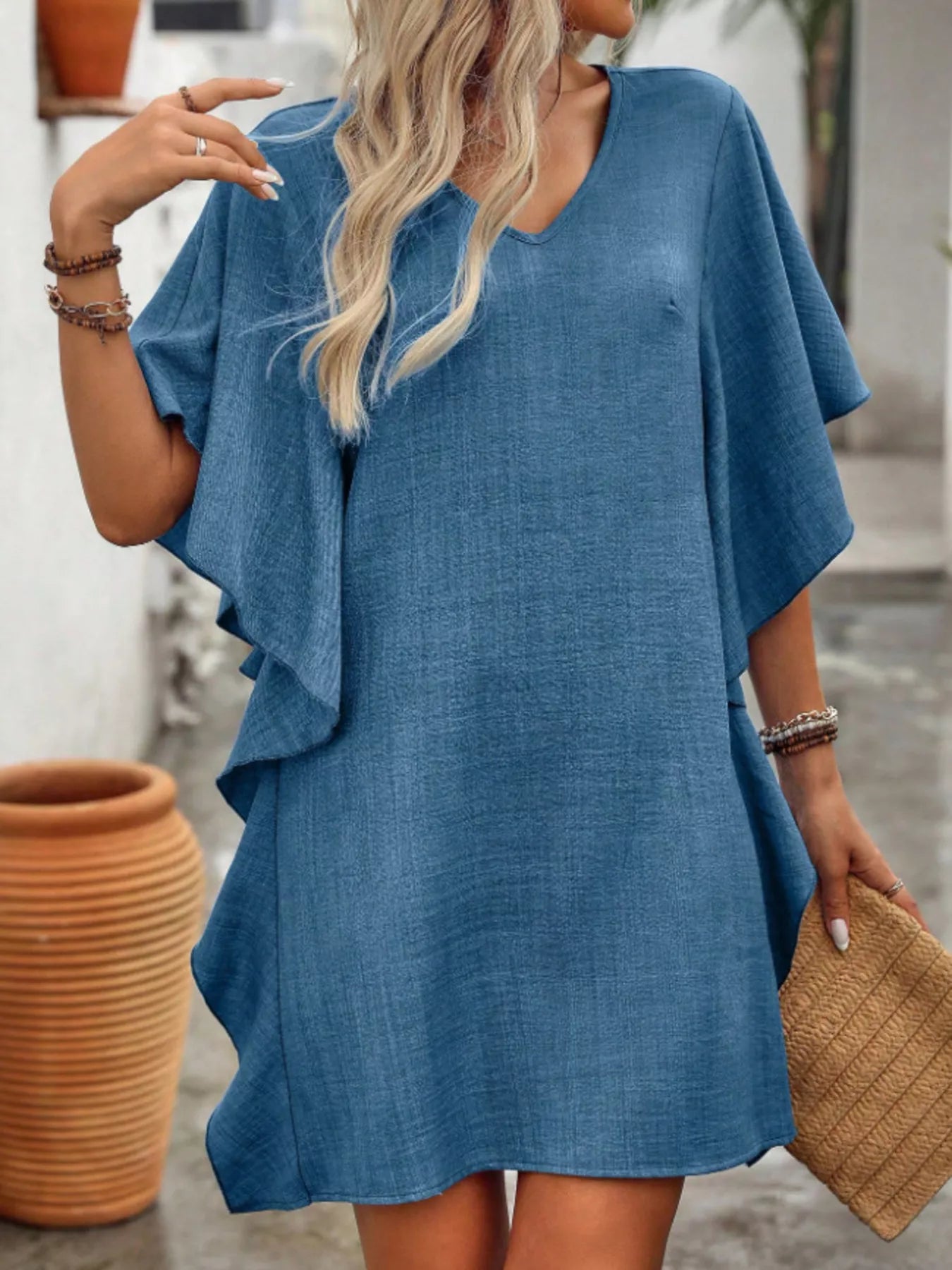 Flowy Sleeve V-Neck Casual Mini Dress