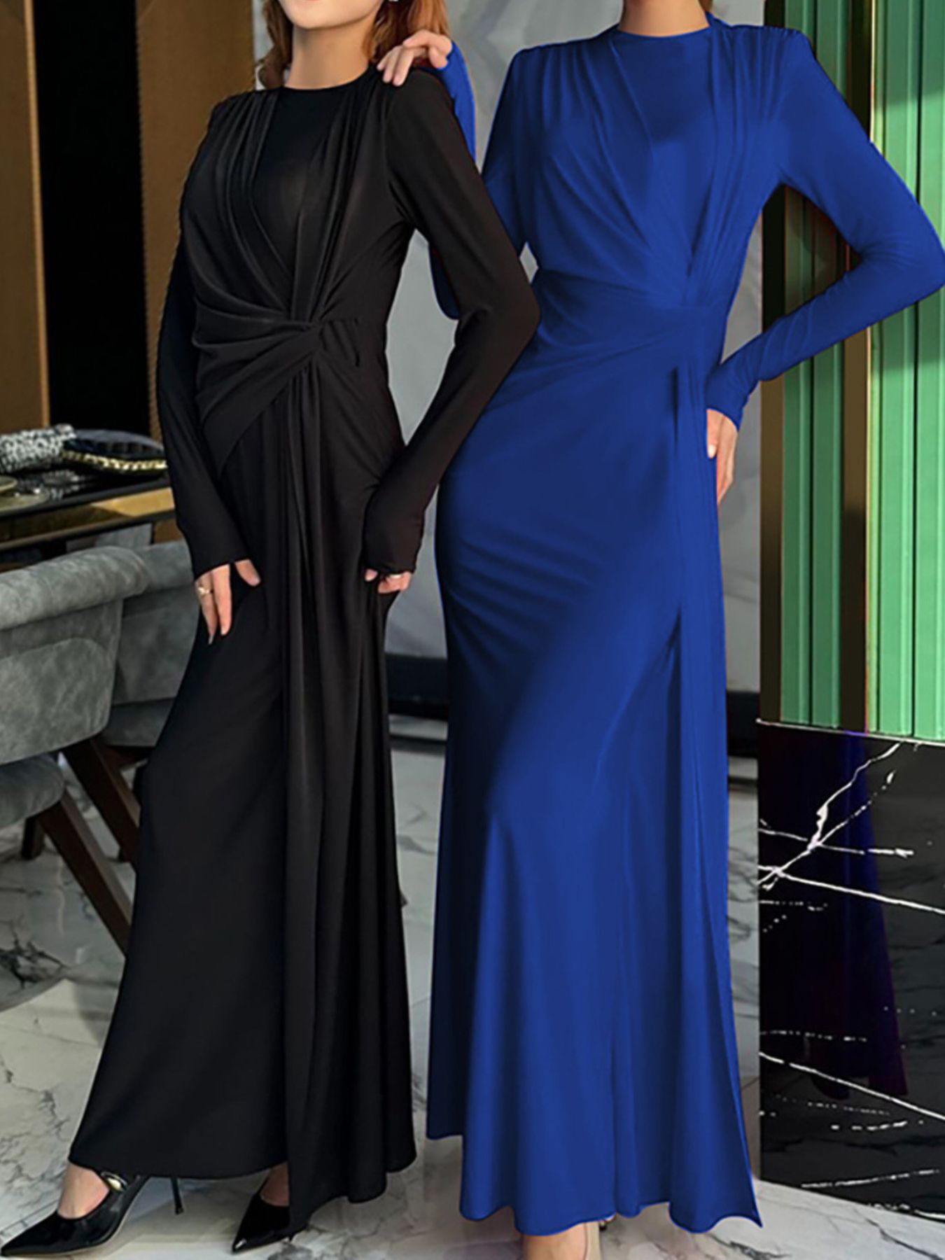 Ruched Knot Front Long Sleeve Maxi Dress