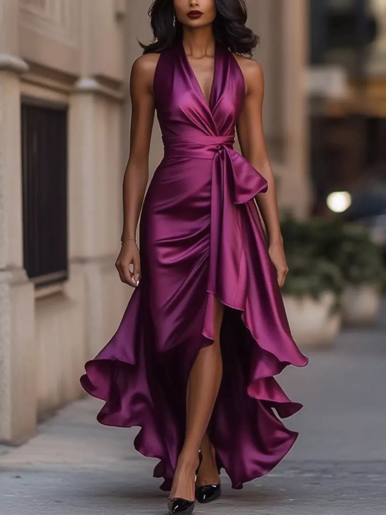 Full Size High-Low Ruffled Satin Maxi Dress Plus Size