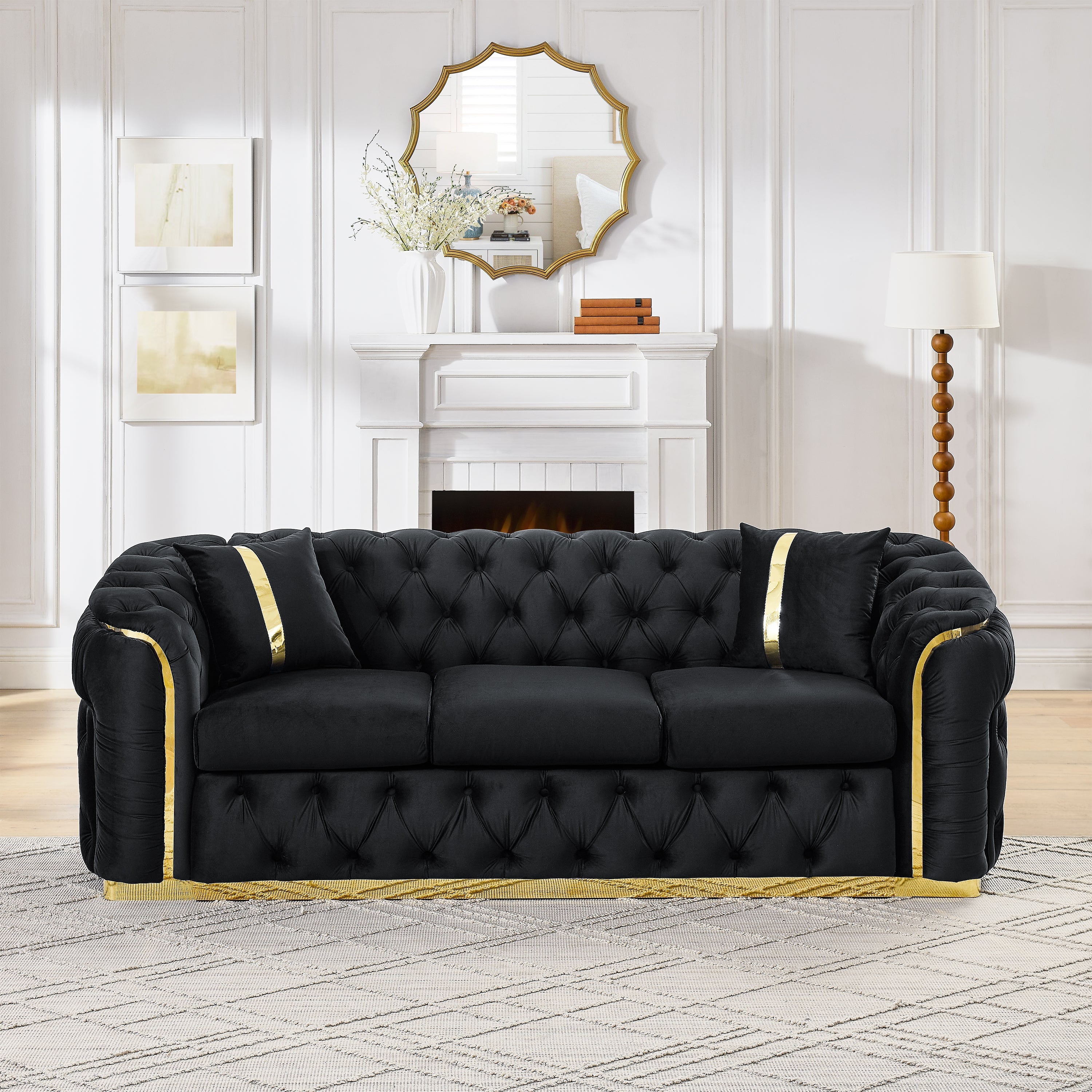 90.6 Inches Velvet Button Tufted Sofa Couch with 2 Pillows