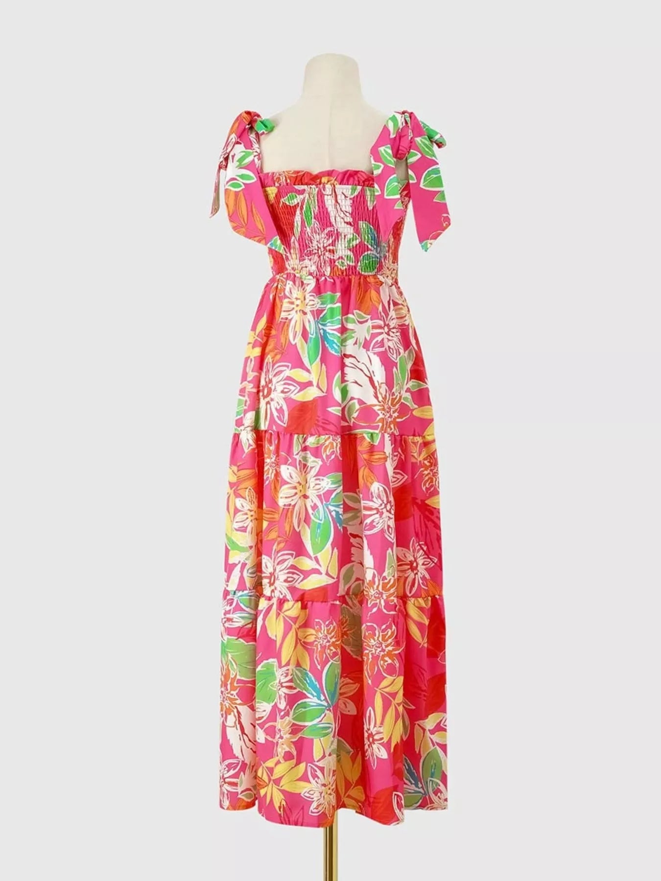 Tropical Print Smocked Tie-Strap Dress