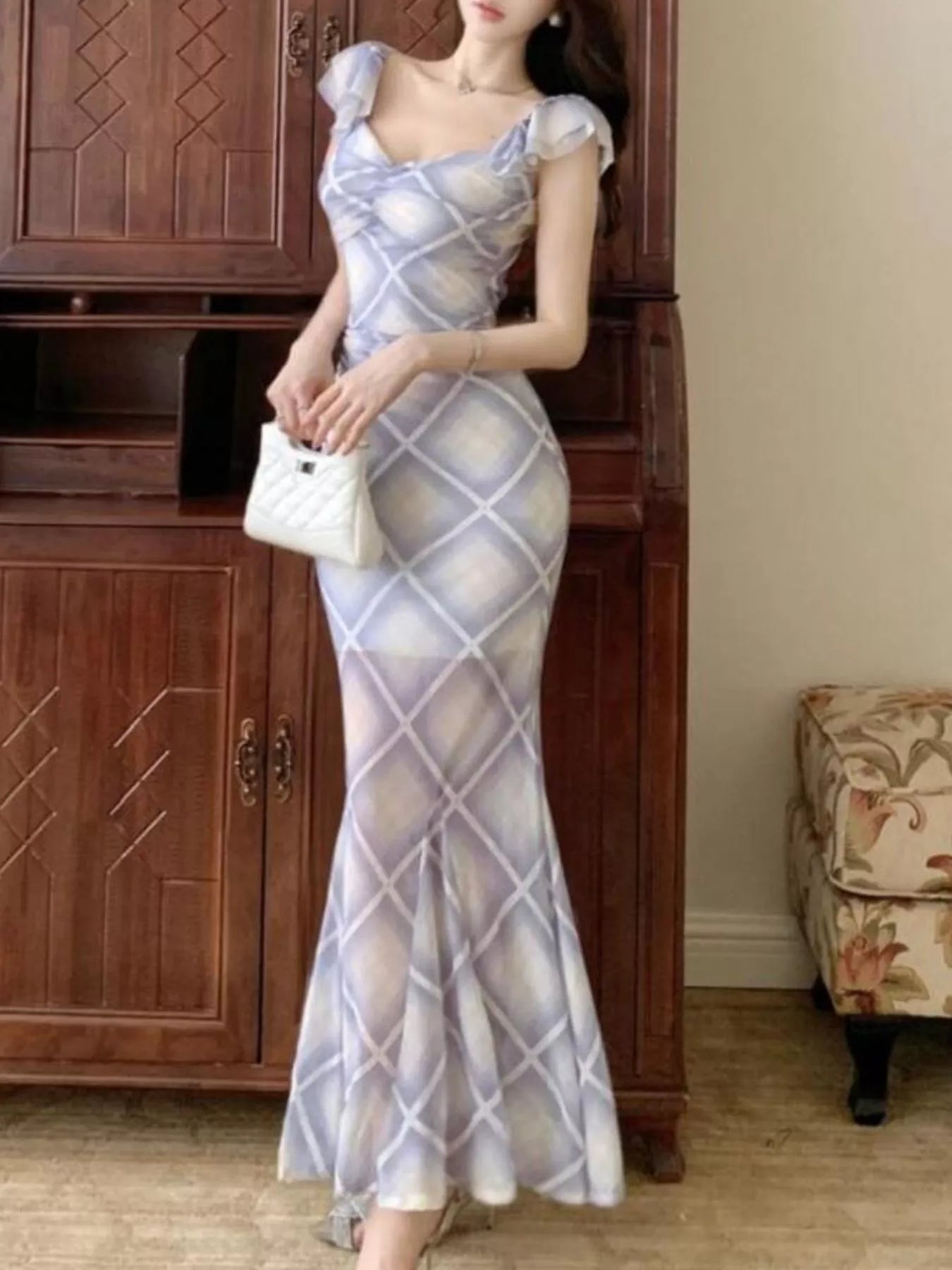 Plaid Ruffle Cap Sleeve Bodycon Maxi Dress