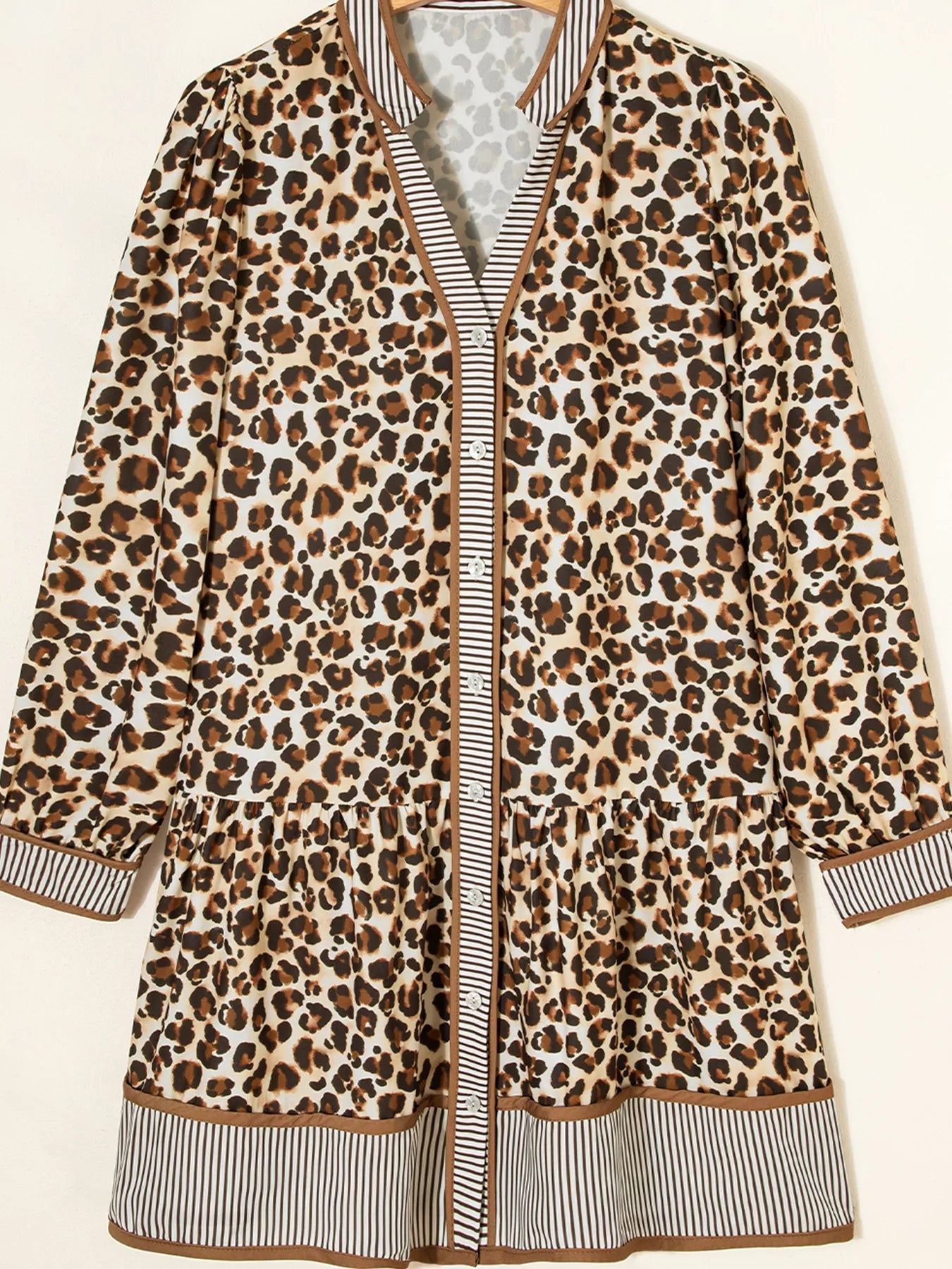 Leopard Print Striped Patchwork 3/4 Sleeve Loose Mini Dress