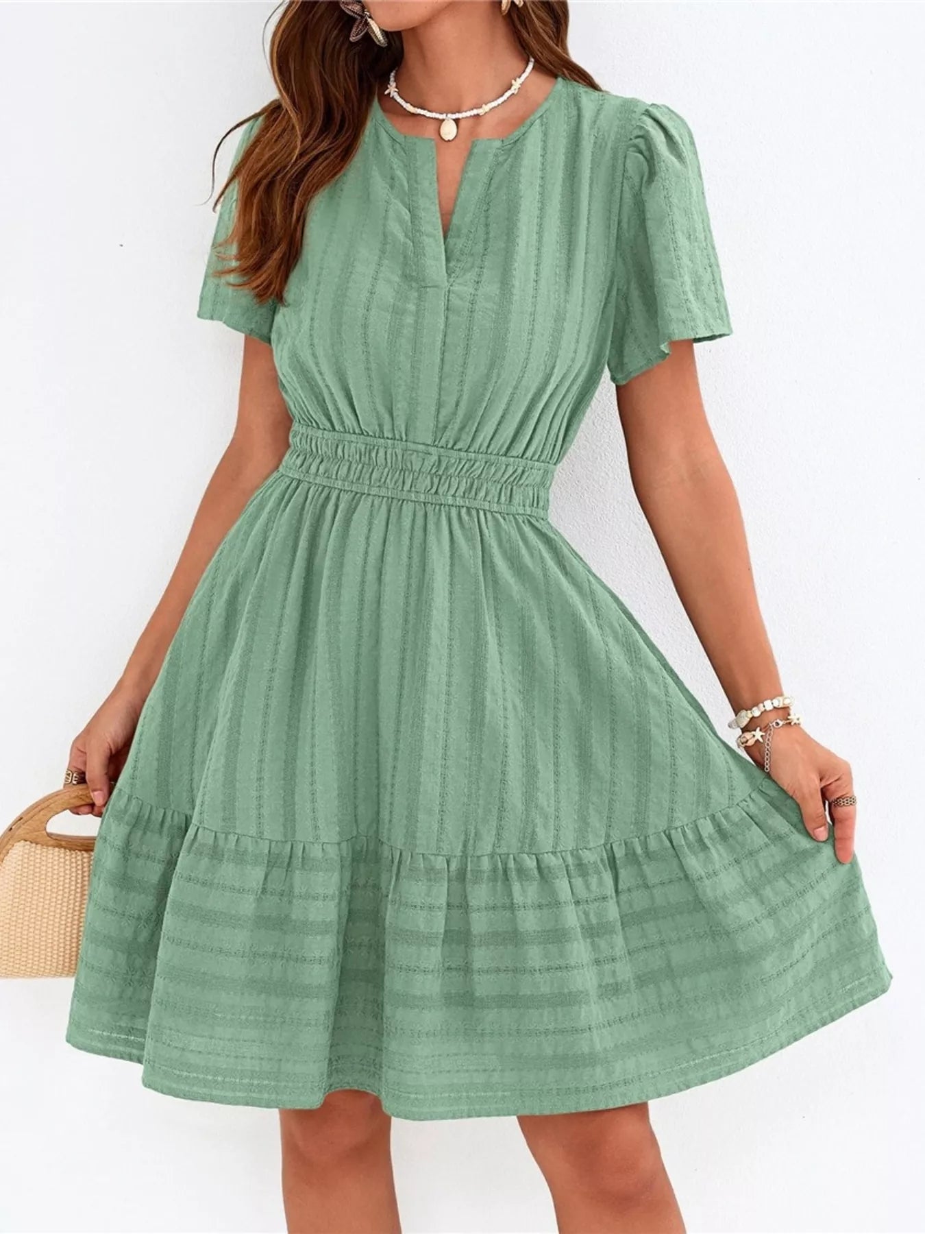 Short Sleeve Smocked Waist Tiered Dress