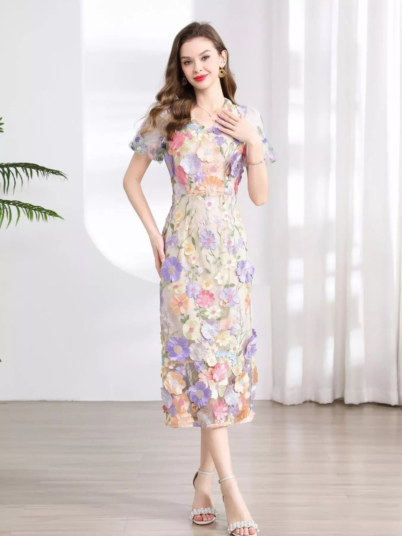 Floral Embroidered Puff Sleeve Midi Dress