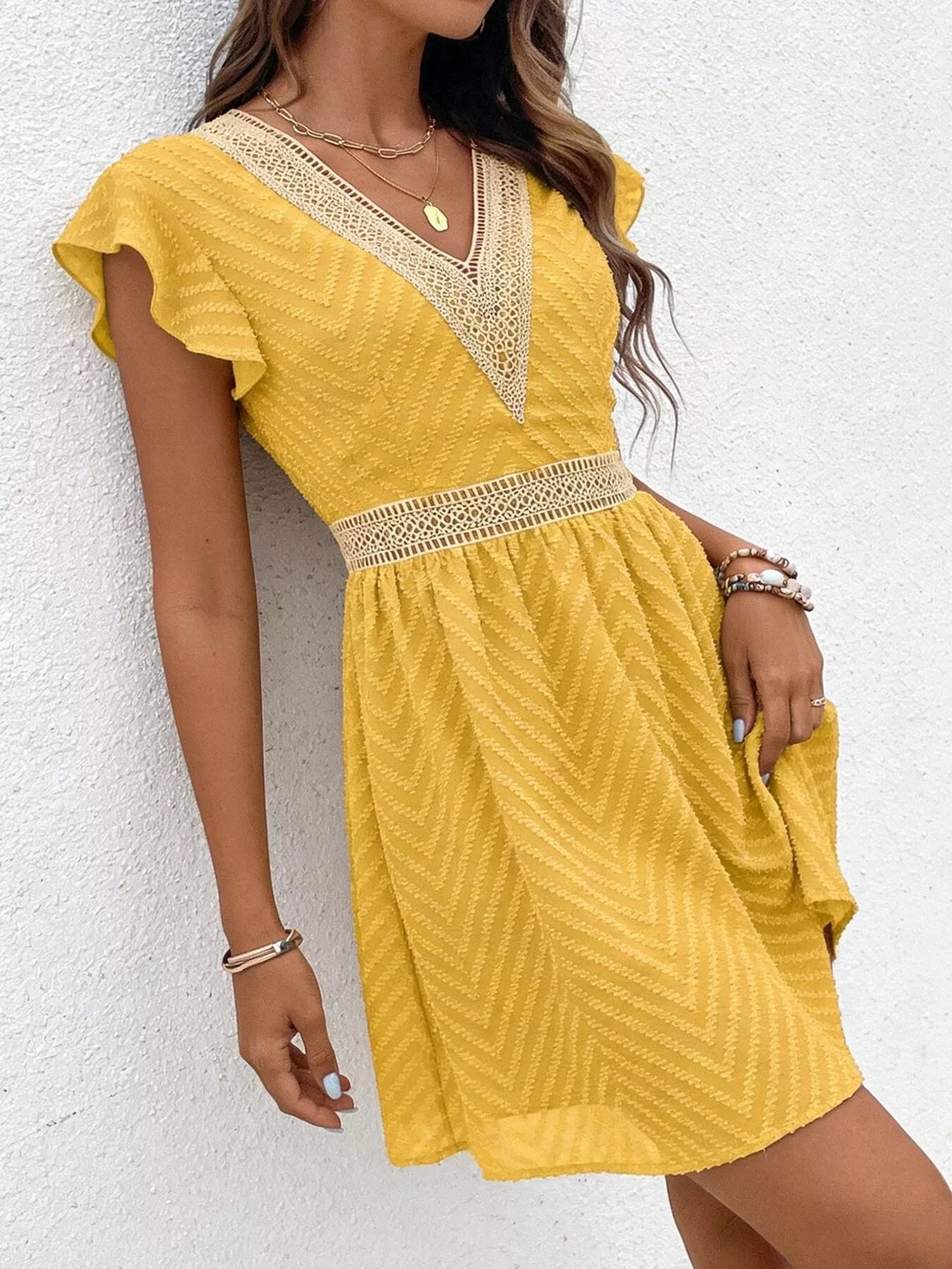 V-Neck Ruffle Sleeve Mini Dress