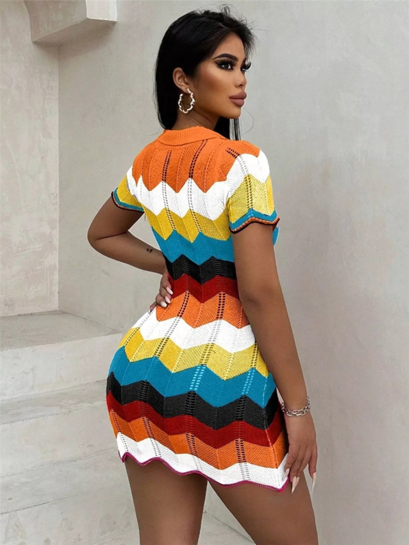 Chevron Knit Short Sleeve Sweater Dress