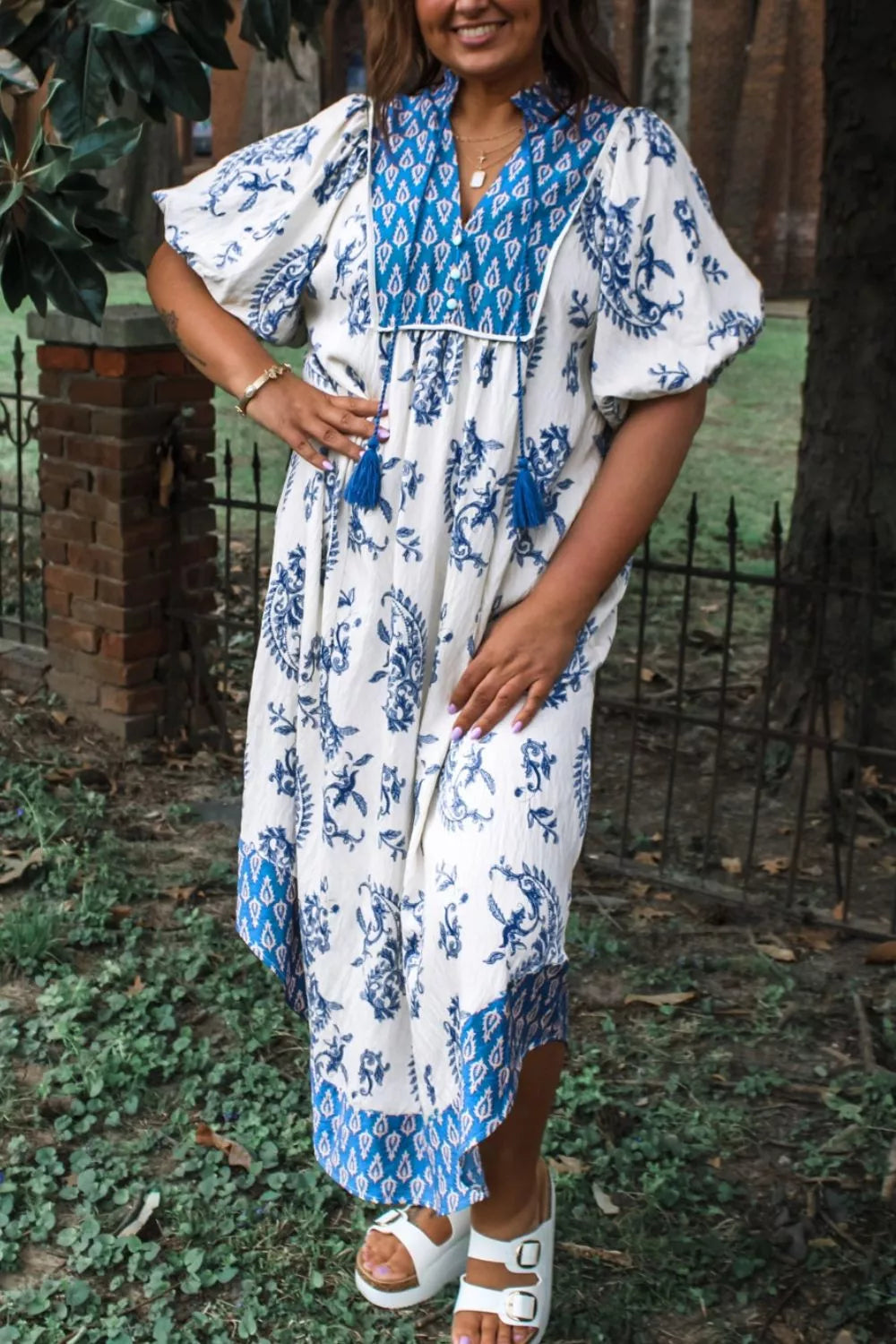 Floral Print Contrast Boho Patchwork V Neck Loose Midi Dress