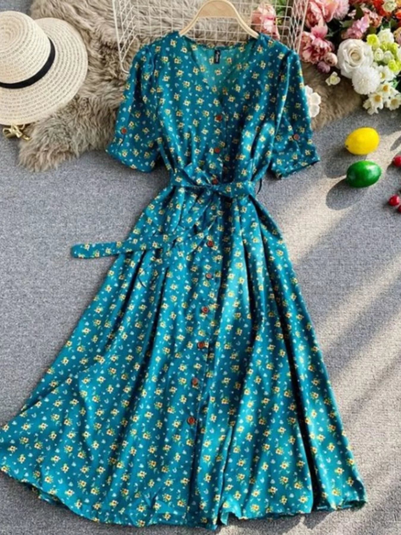 Floral Print V-Neck Midi Dress
