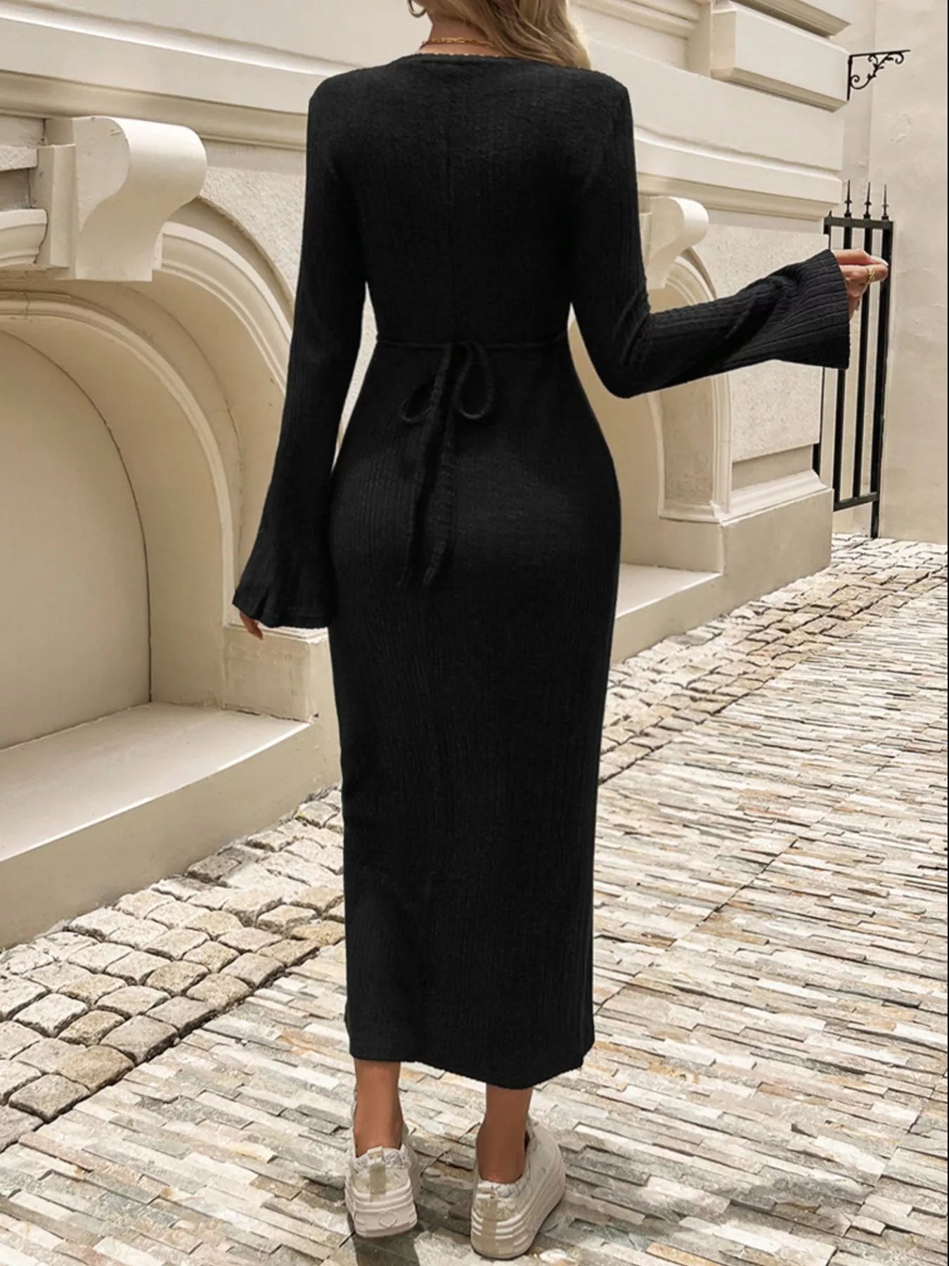 Ribbed Knit Long Sleeve Midi Dress