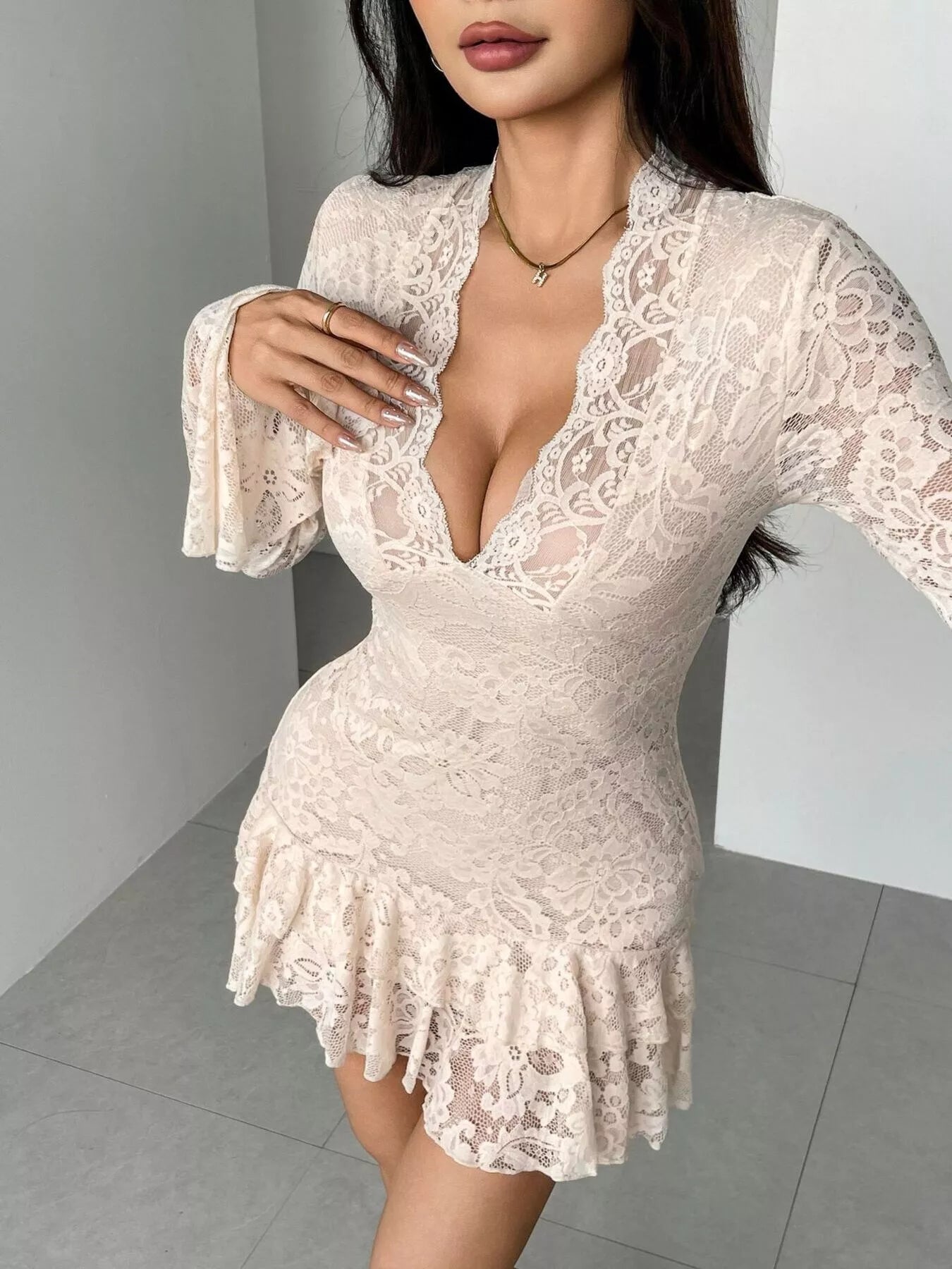 Lace Ruffle Hem Mini Dress