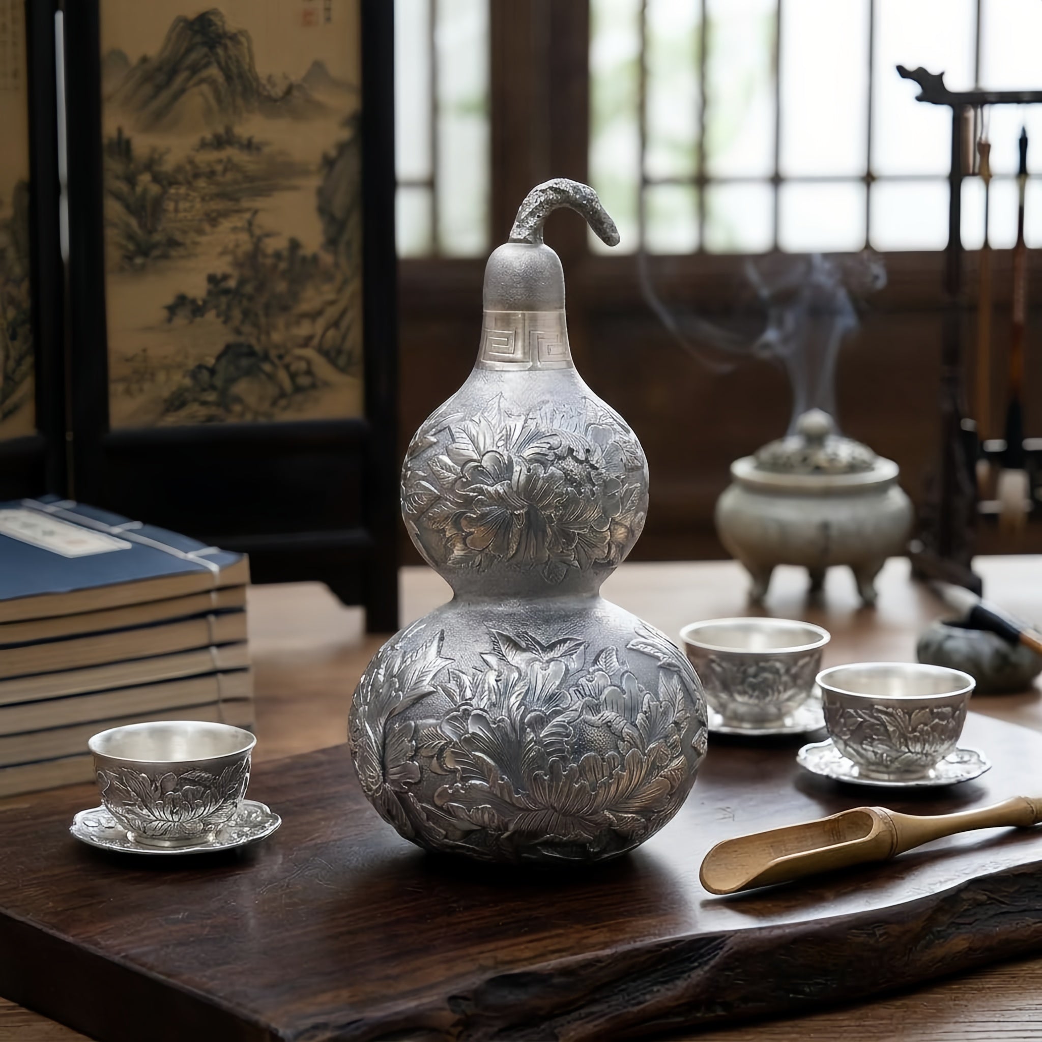 Pure 999 Fine Silver Ornate Silver-Toned Double Gourd Vessel with Intricate Floral Engravings - Handicraft