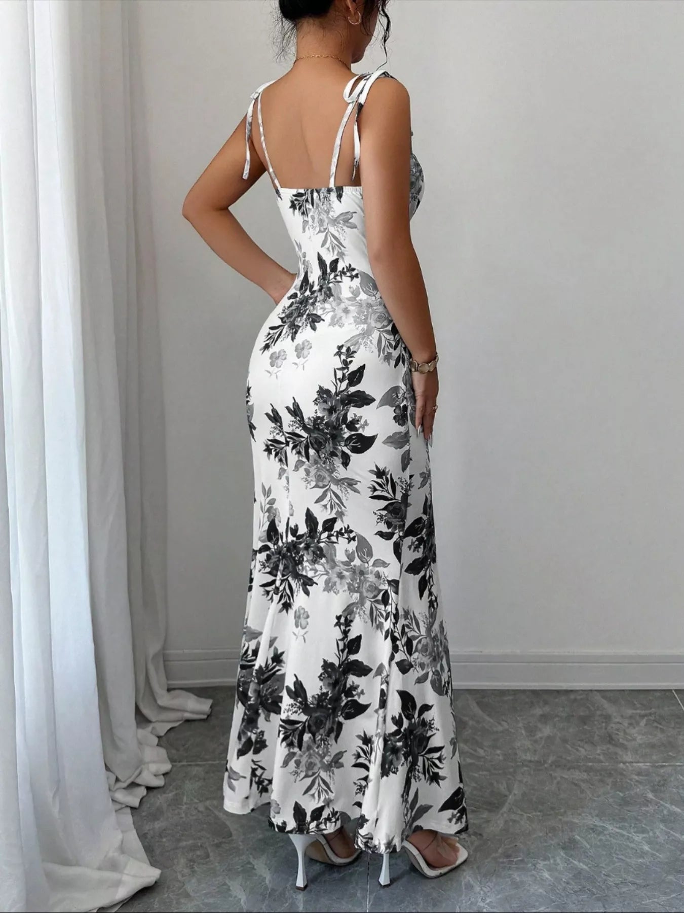 Printed Tie Strap Slit Maxi Dress