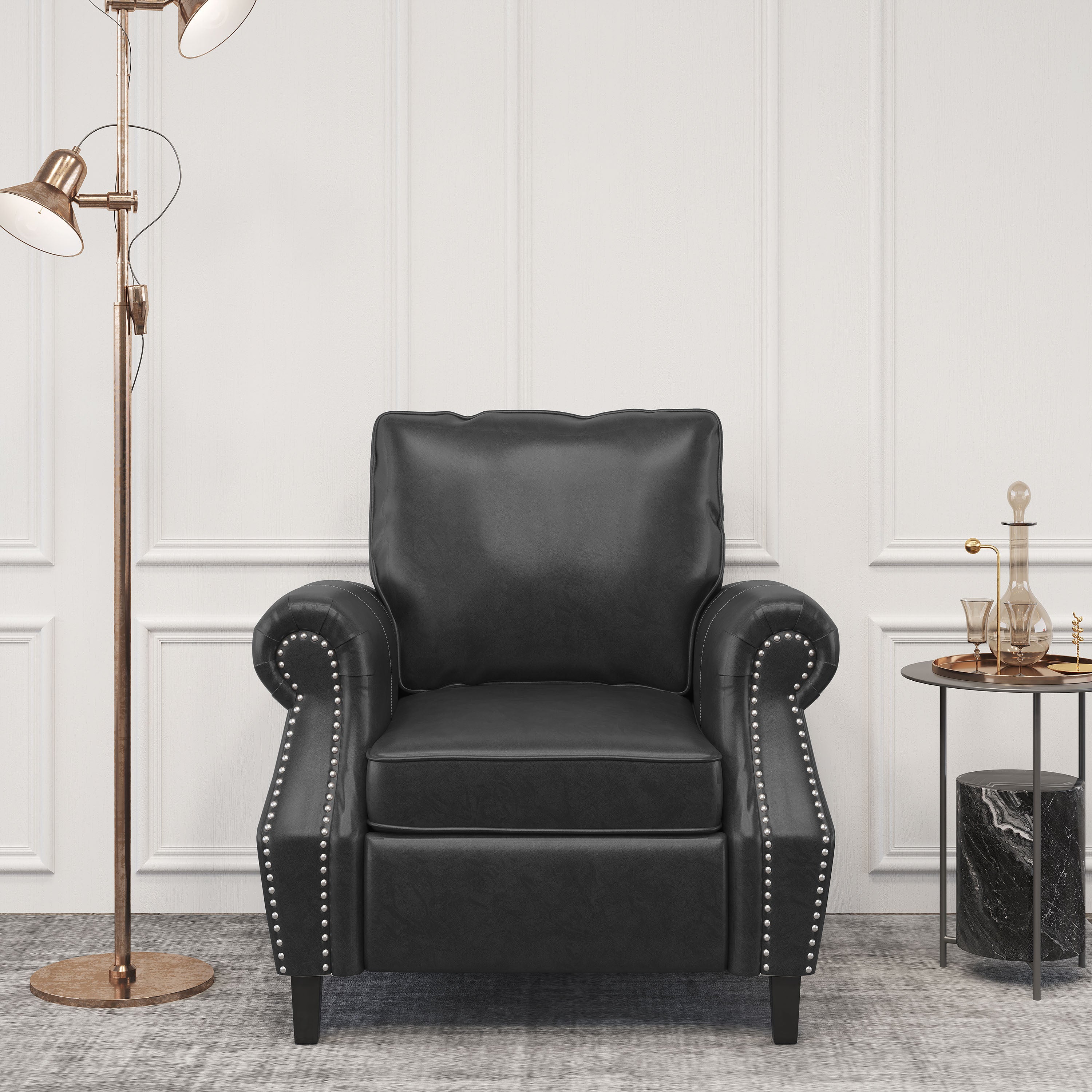 Club Chair Contemporary PU Leather Black Rolled Arms Nailhead Trim 37 In