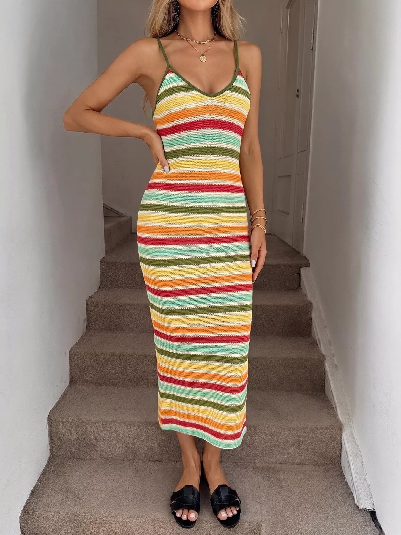Striped Bodycon Knit Midi Dress