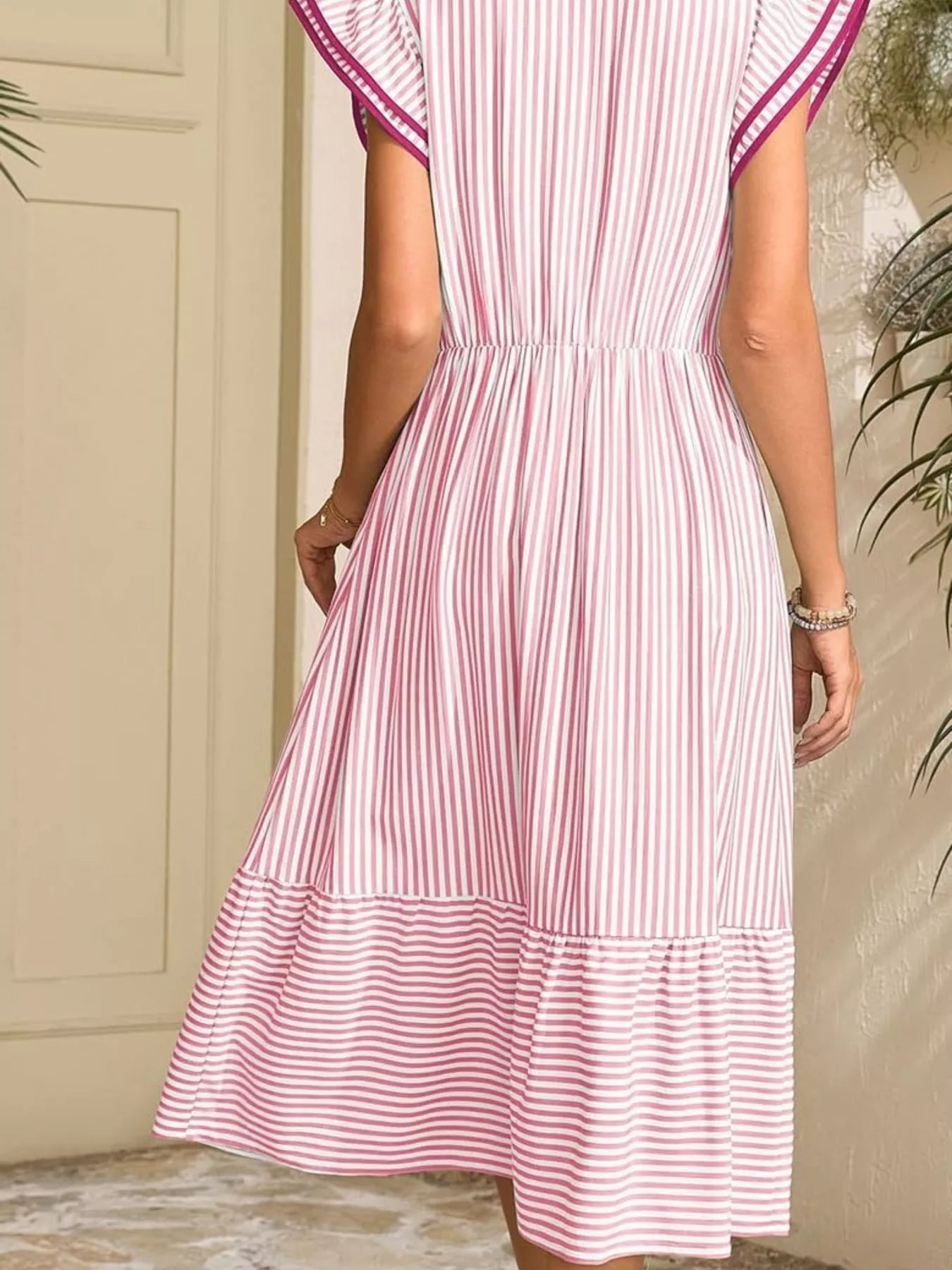 Striped Notched Ruffle Sleeve Dress