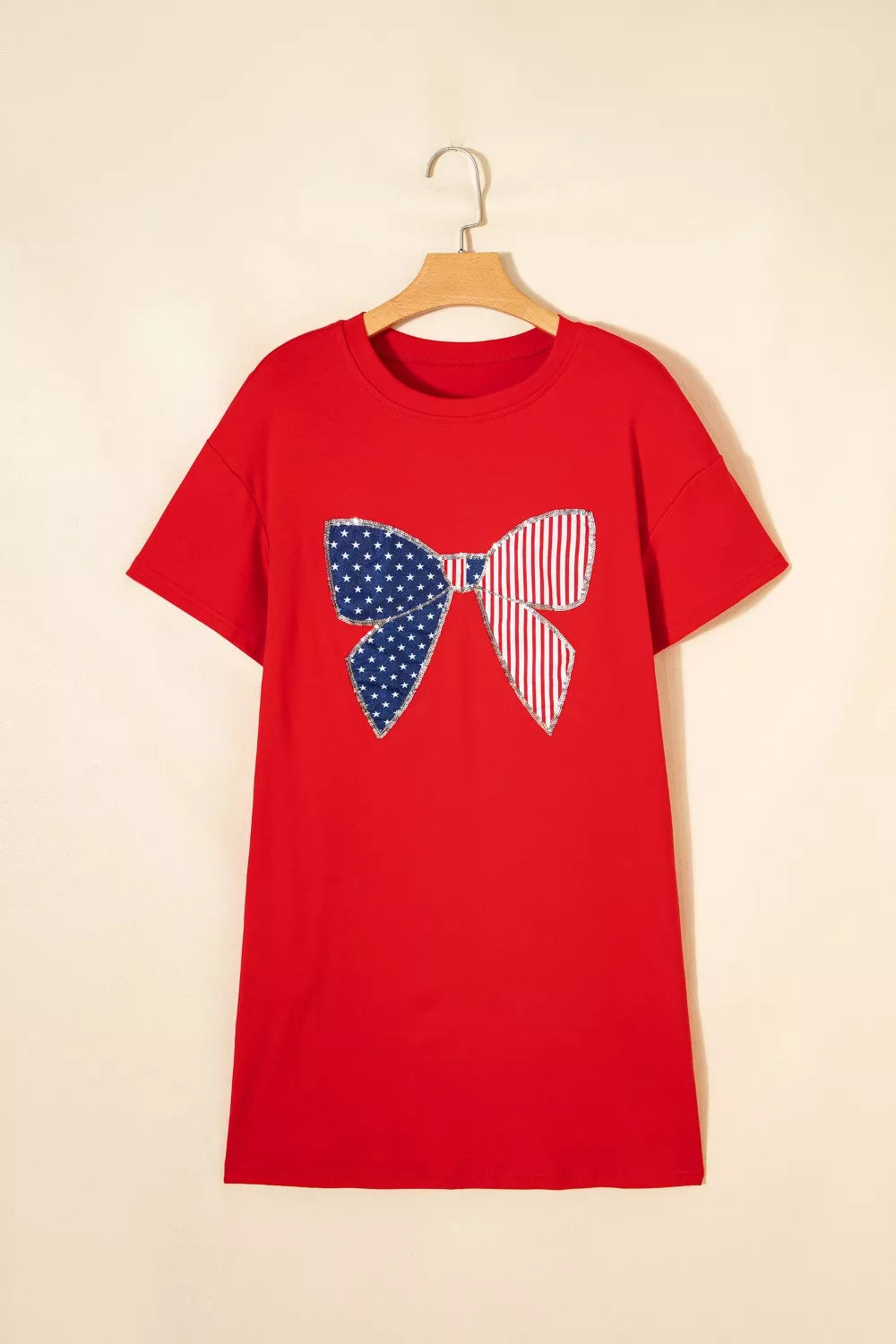 Sequin Trim Stars and Stripes Bow Patched T Shirt Mini Dress