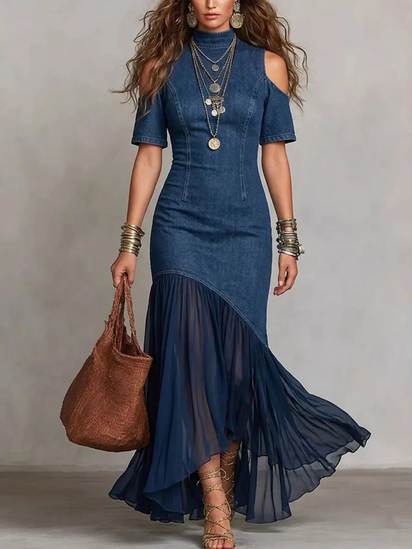 Mock Neck Cold Shoulder Ruffle Hem Maxi Dress