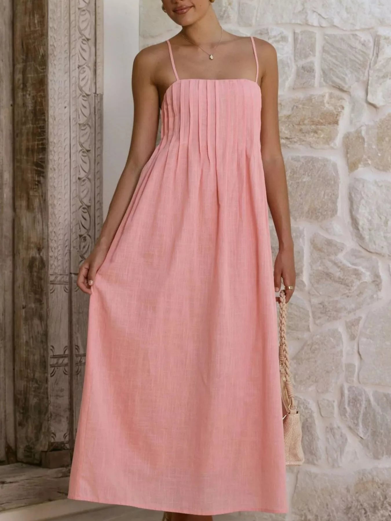 Pleated Bodice Midi Cami Dress