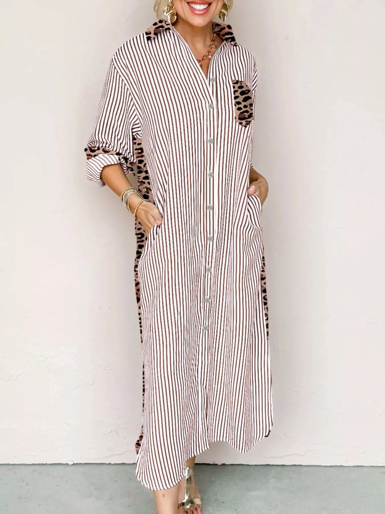 Striped Leopard Print Button Up Shirt Dress