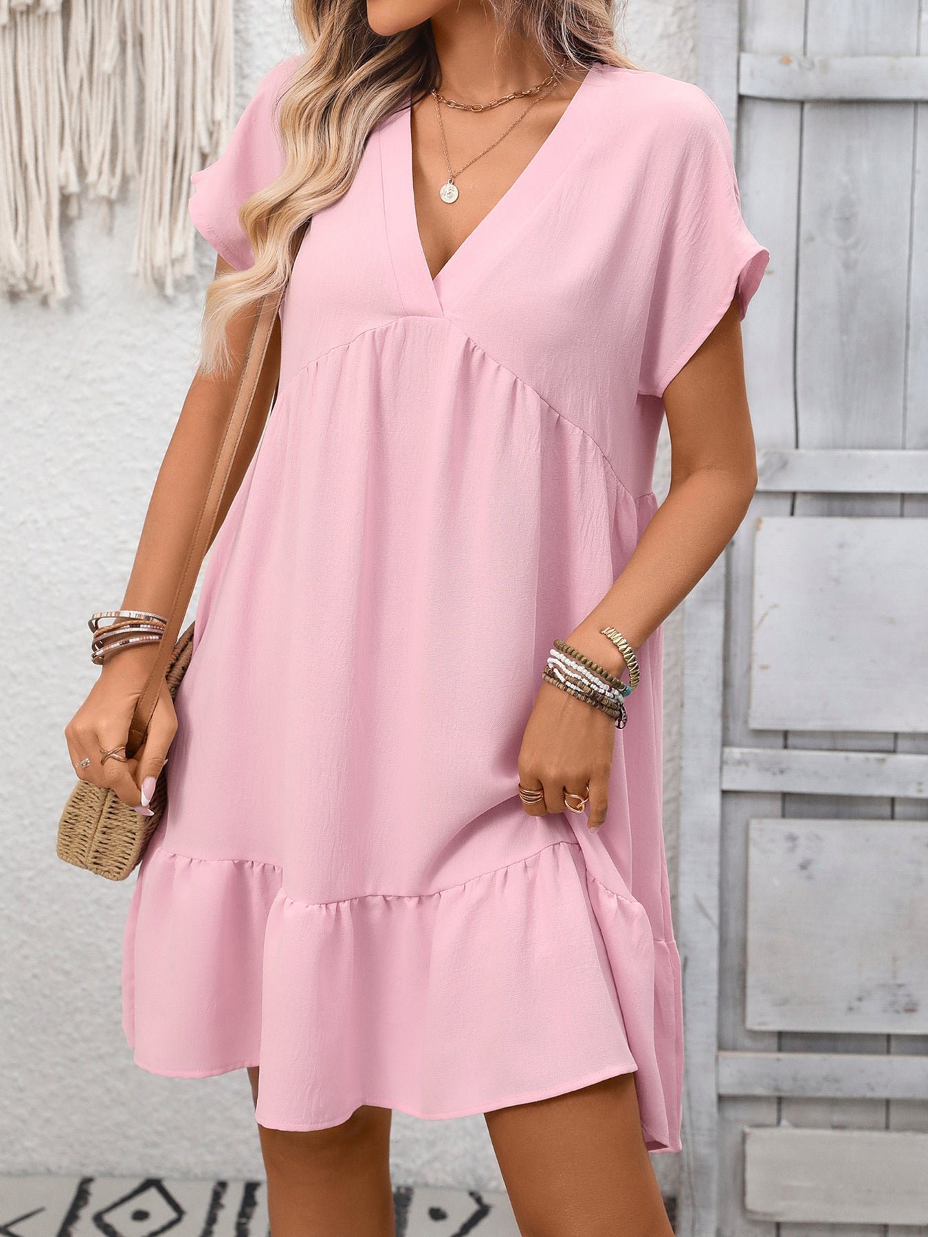 Casual V-Neck Ruffle Hem Mini Dress