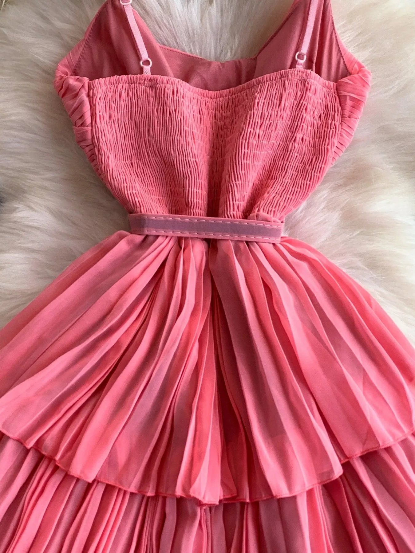 Pleated Layered Spaghetti Strap Midi Dress