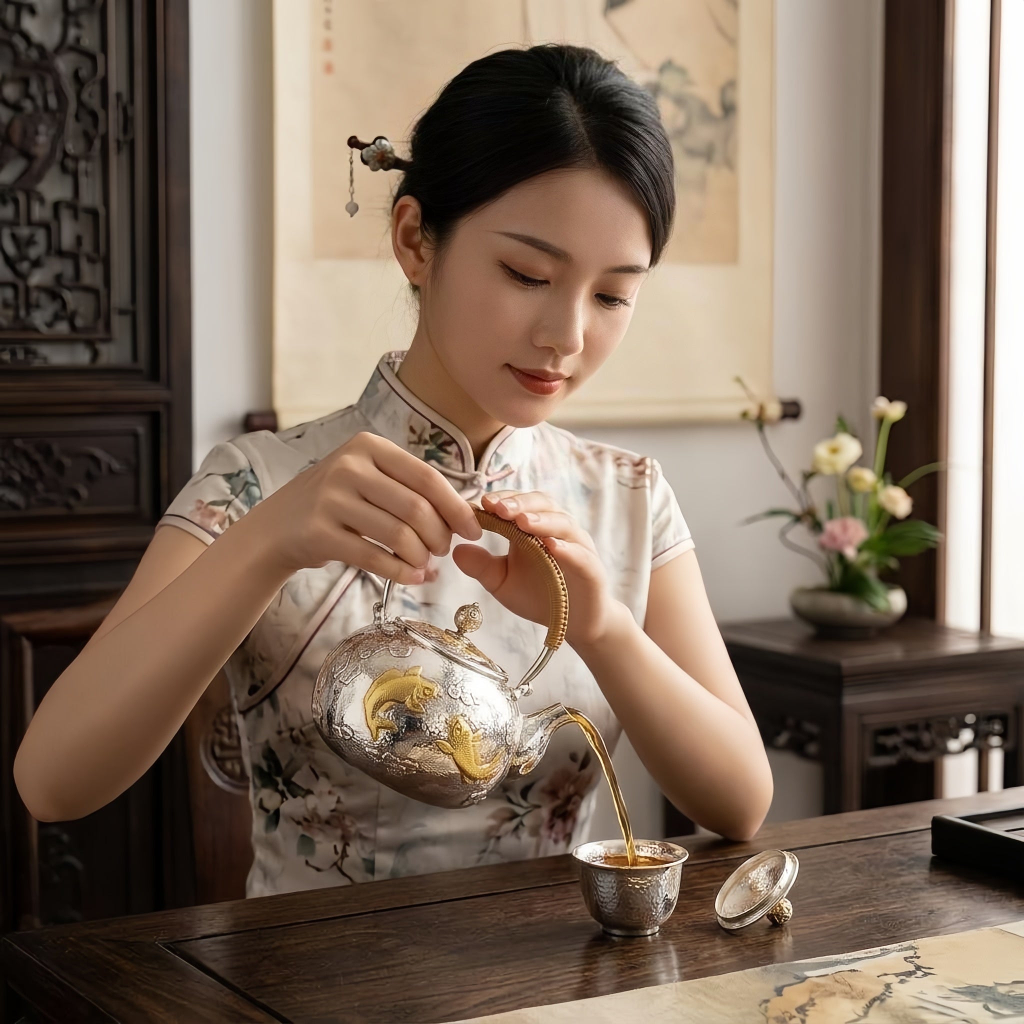 925 Sterling Silver Exquisite Silver Teapot Featuring Handcrafted Gilded Carp and Intricate Floral Motifs - Handicraft
