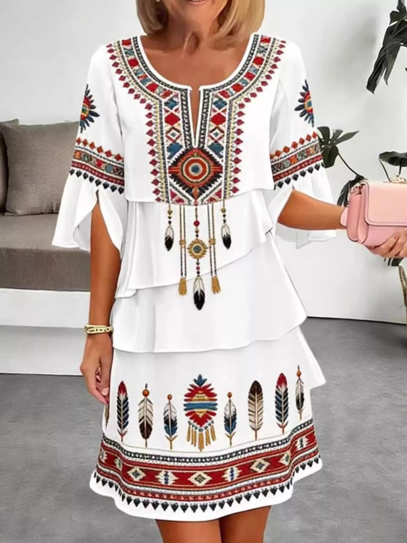 Full Size Printed Notched Ruffled Half Sleeve Dress Plus Size