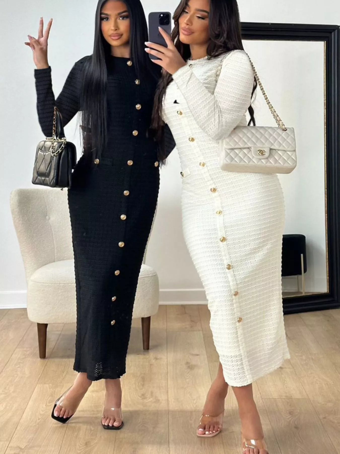 Textured Decor Button Midi Dress