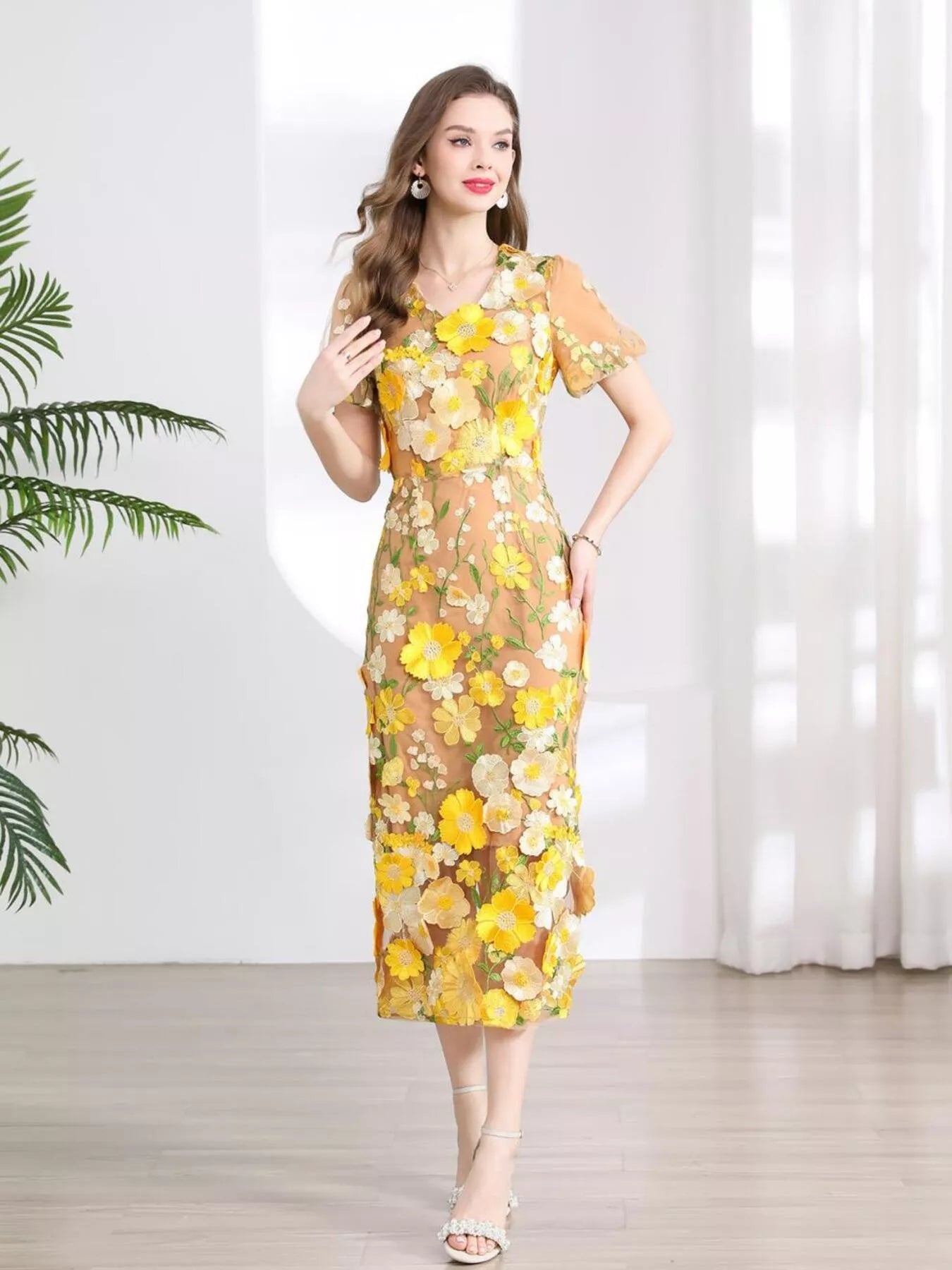Floral Embroidered Puff Sleeve Midi Dress