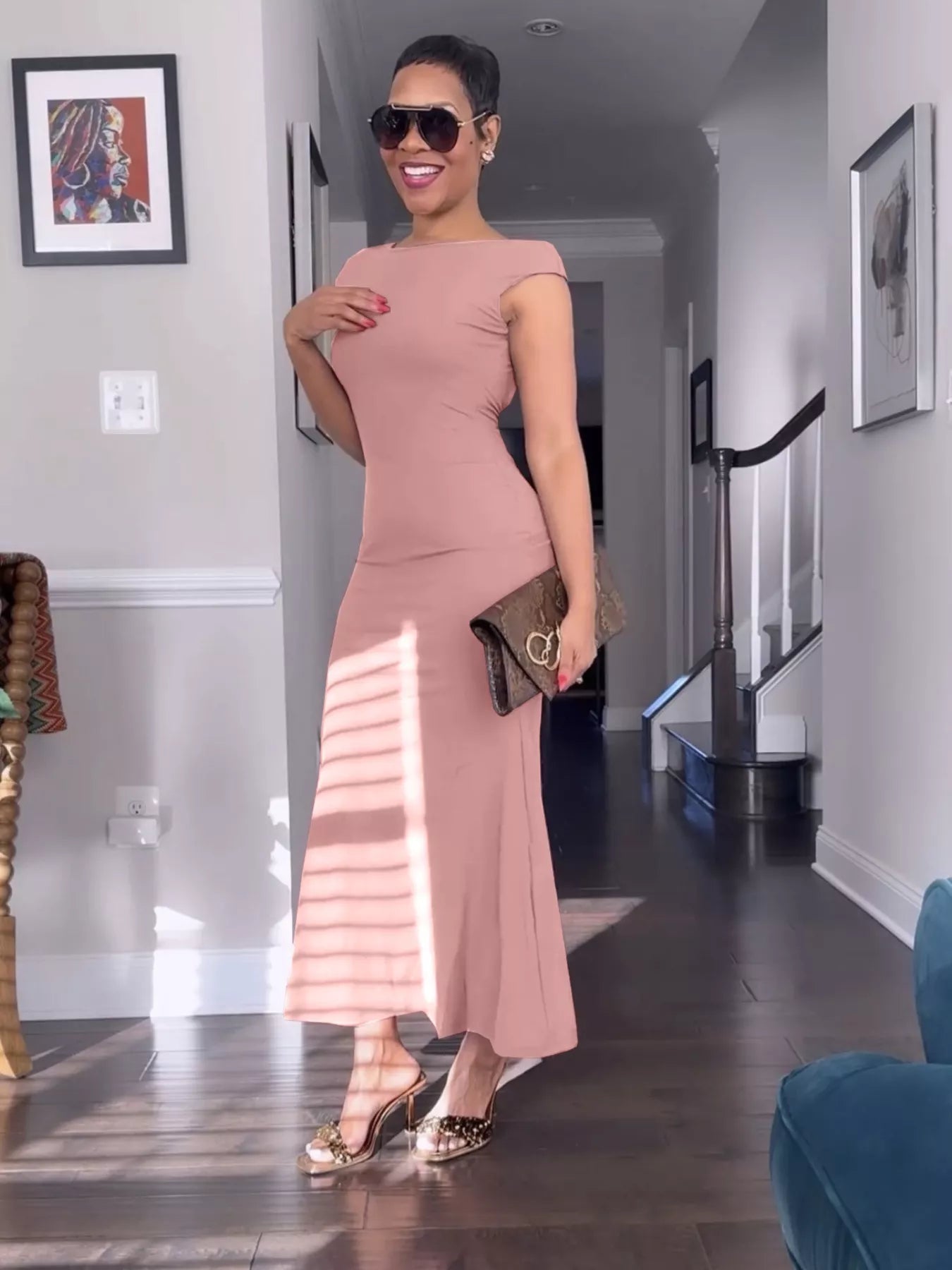Backless Cap Sleeve Maxi Dress