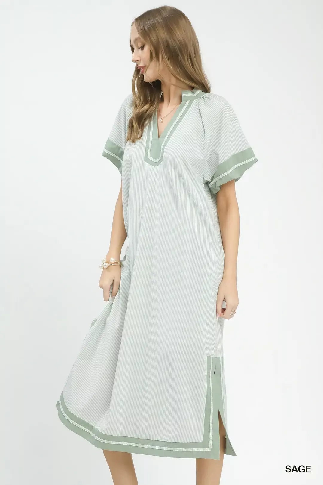 Umgee Pinstripe Contrast Trim Midi Dress