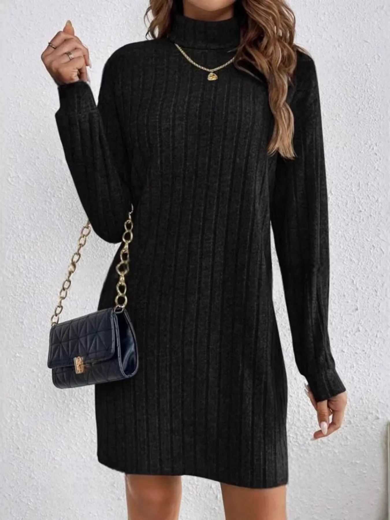Casual Ribbed Turtleneck Long Sleeve Mini Dress