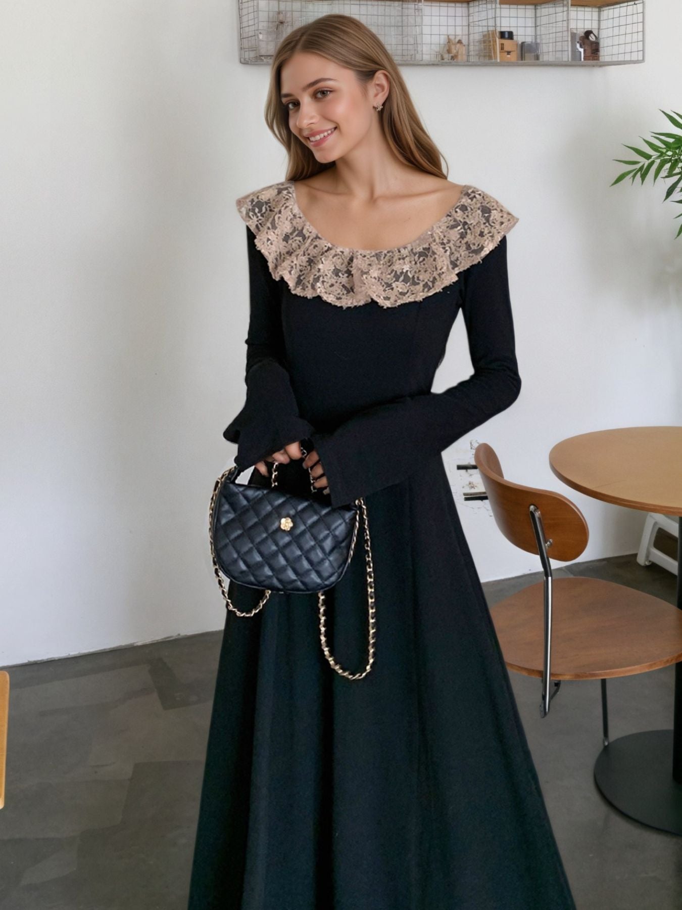 Lace Collar Long Sleeve Dress