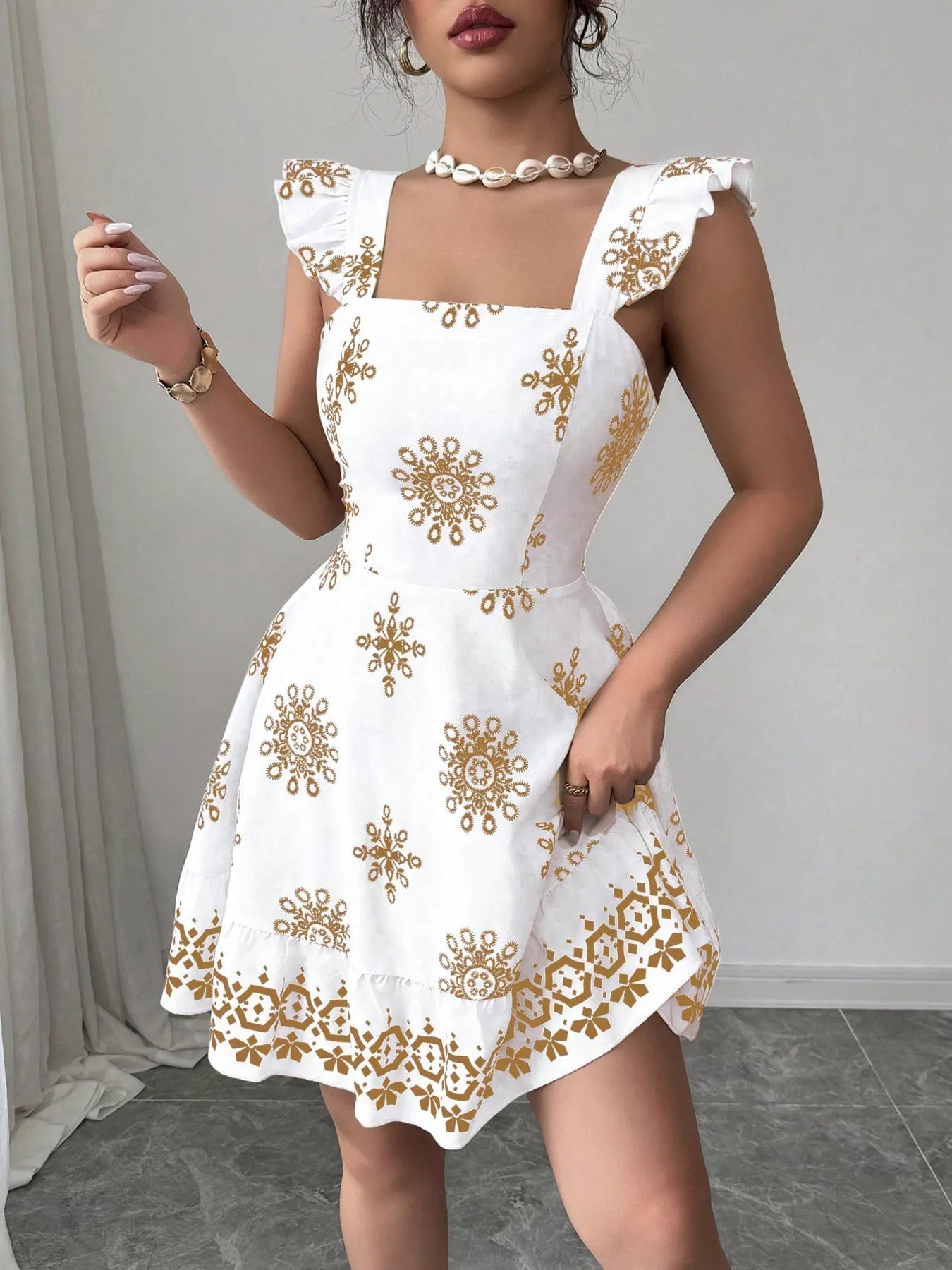 Printed Bow Back Square Neck Mini Dress