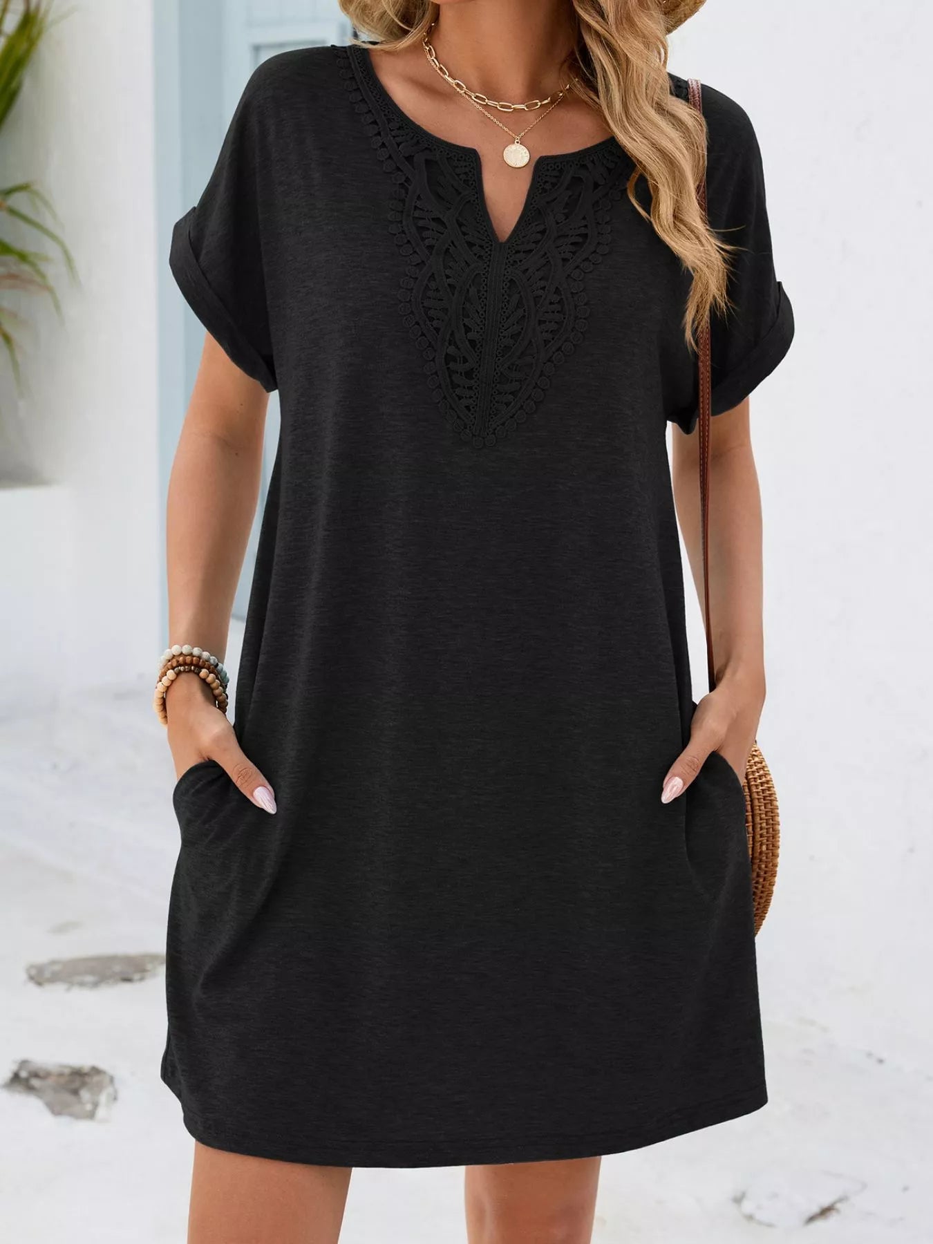 Lace Trim Notched Short Sleeve Dress