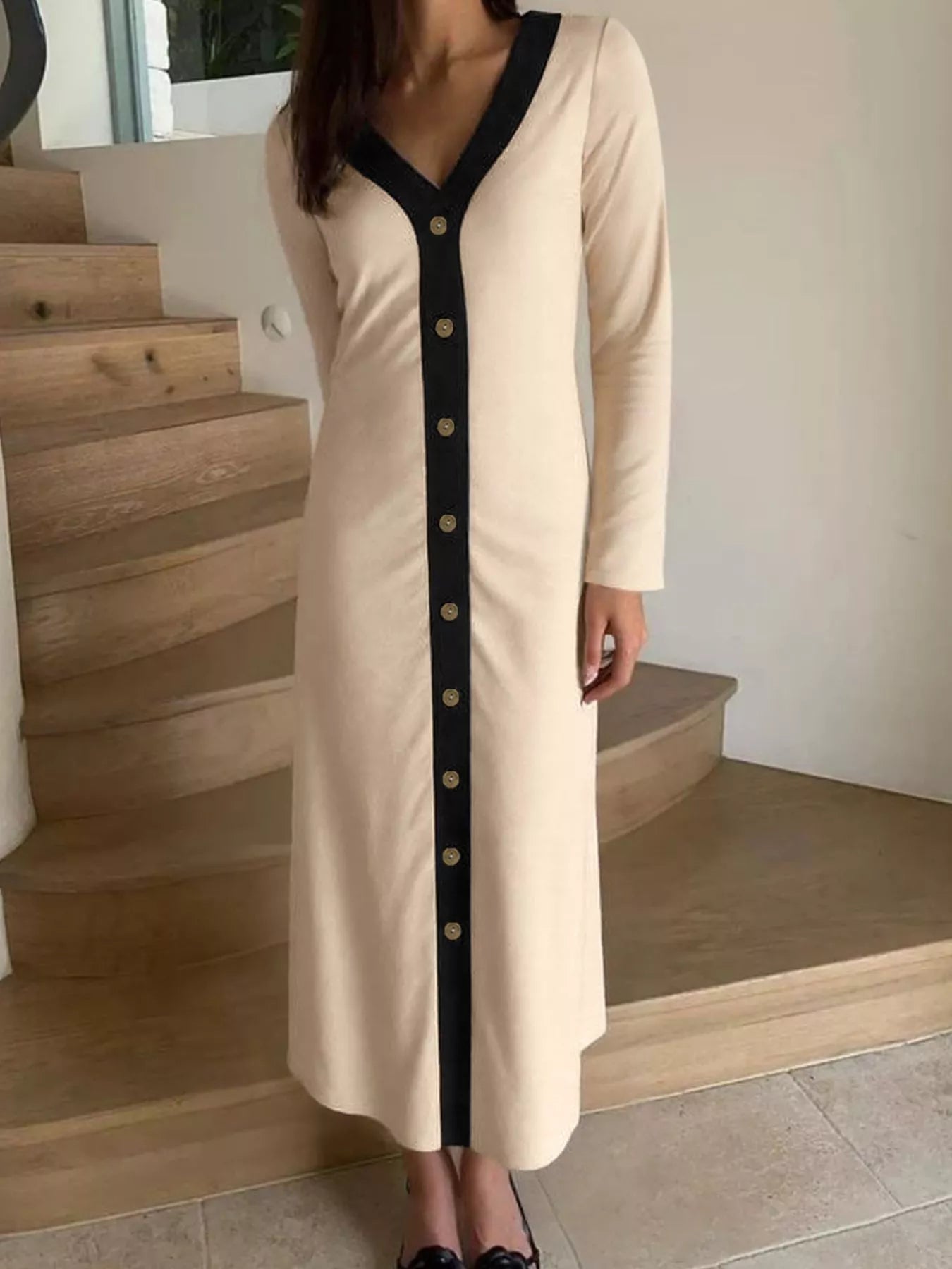 Contrast Trim Button-Down Midi Dress